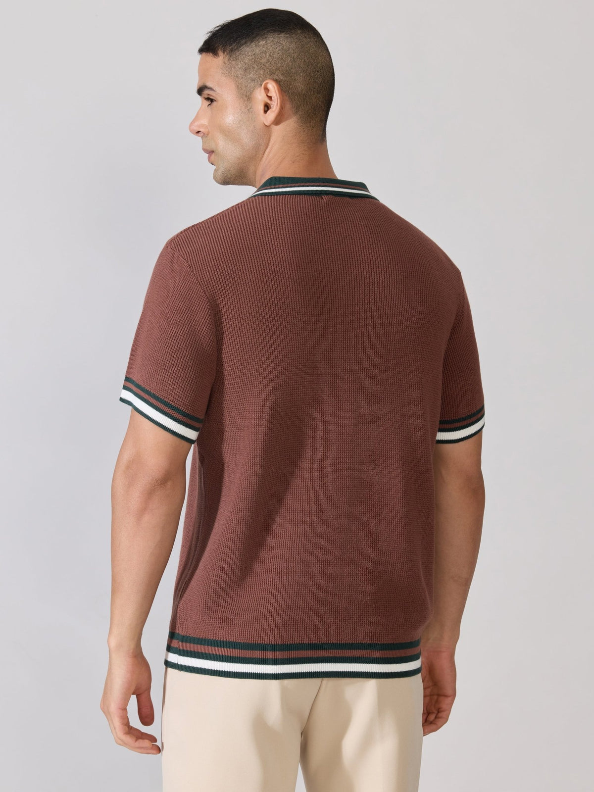 Kikeos-4 - Regular Fit Contrast Collar Knit Polo T-Shirt - Root Beer - Espanshe