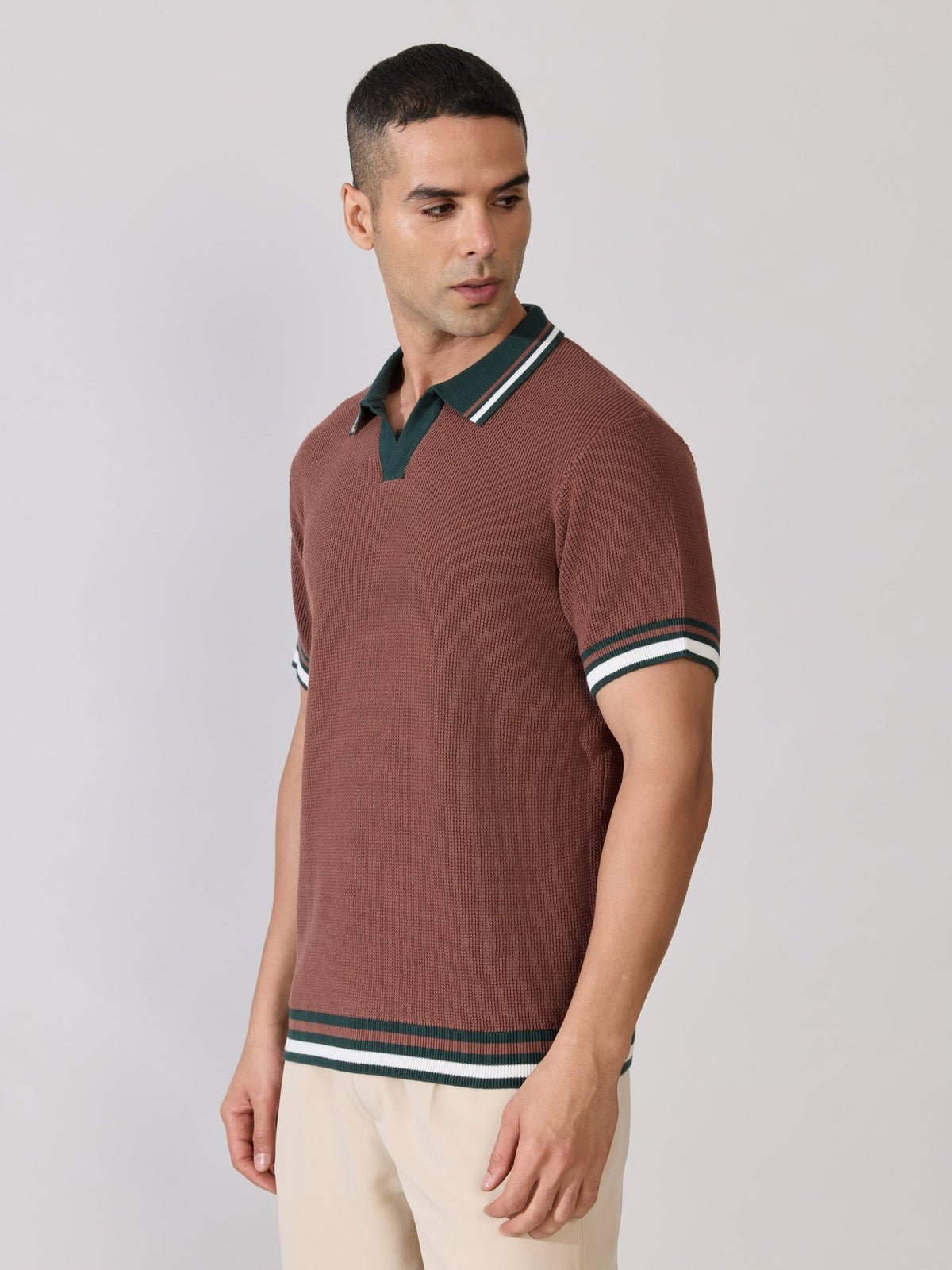 Kikeos-4 - Regular Fit Contrast Collar Knit Polo T-Shirt - Root Beer - Espanshe