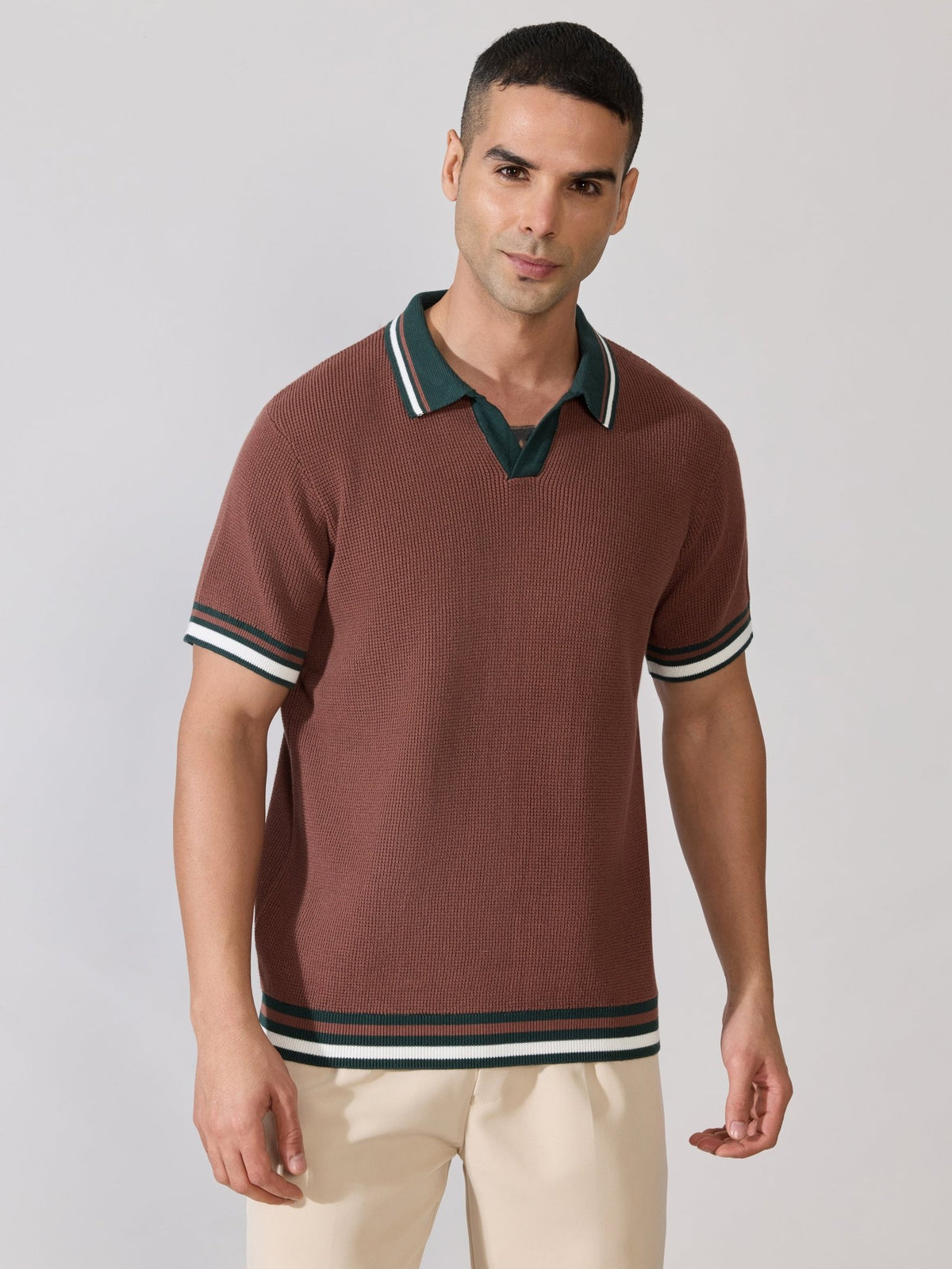 Kikeos-4 - Regular Fit Contrast Collar Knit Polo T-Shirt - Root Beer - Espanshe