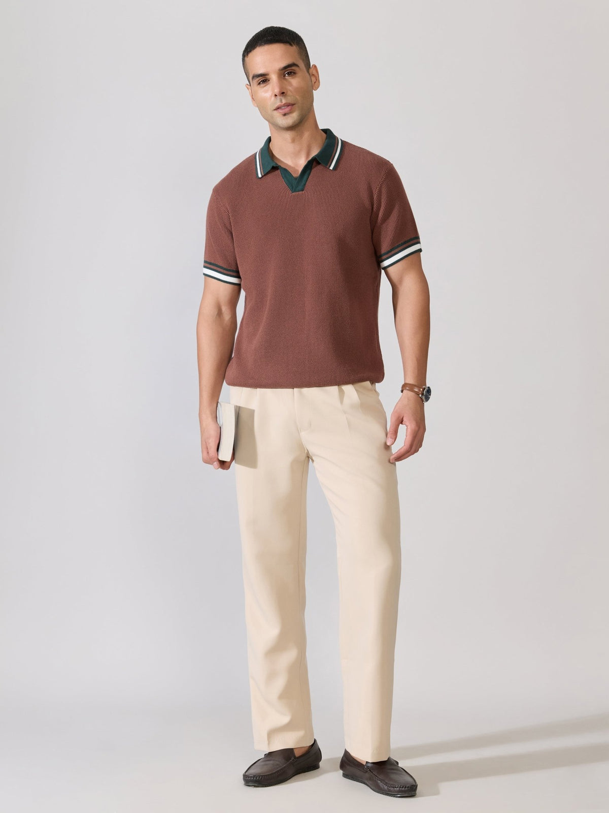 Kikeos-4 - Regular Fit Contrast Collar Knit Polo T-Shirt - Root Beer - Espanshe