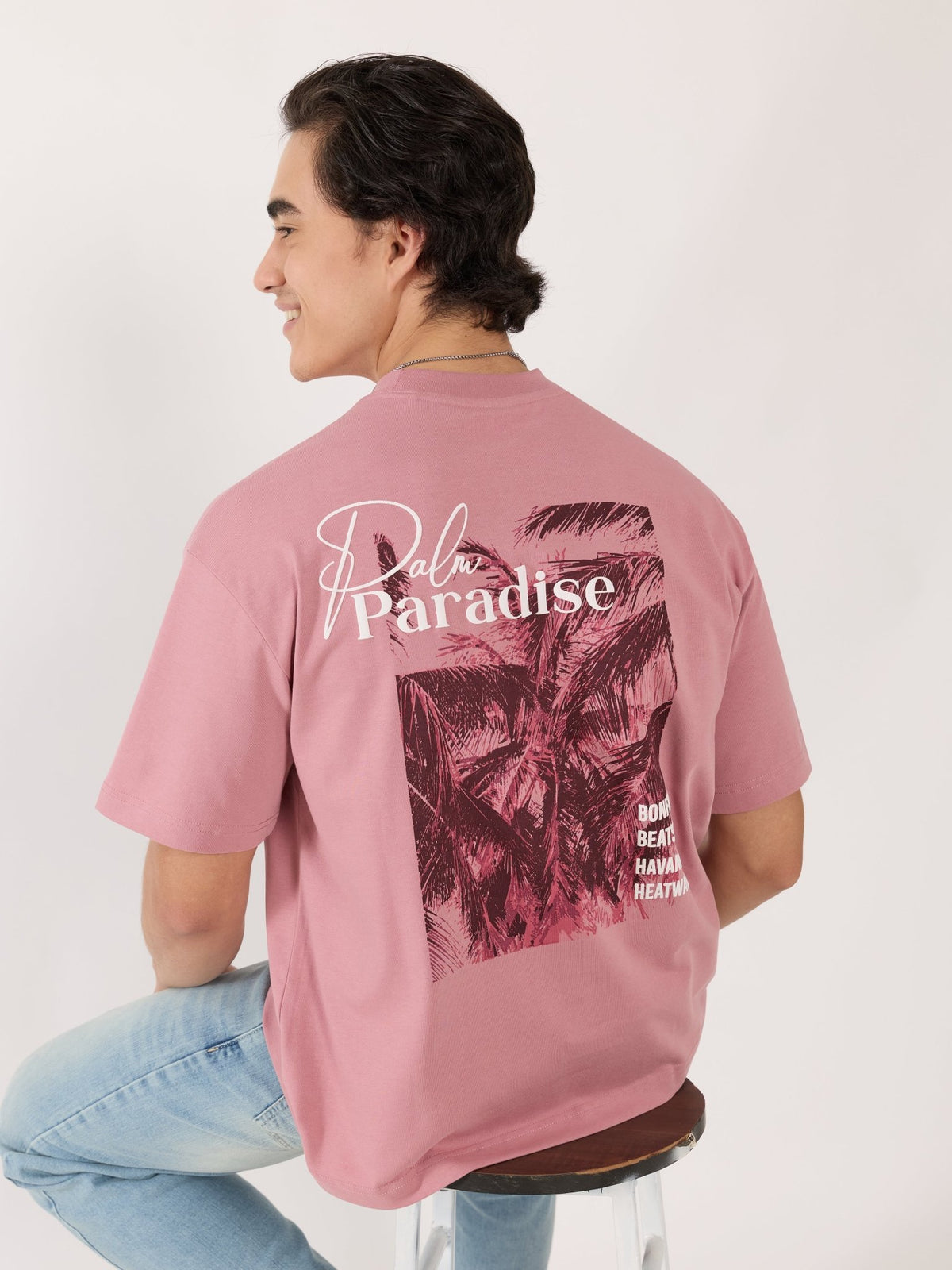 Sheldon - Palm Paradise Graphic Pastel Pink Loose Fit T-Shirt - Espanshe
