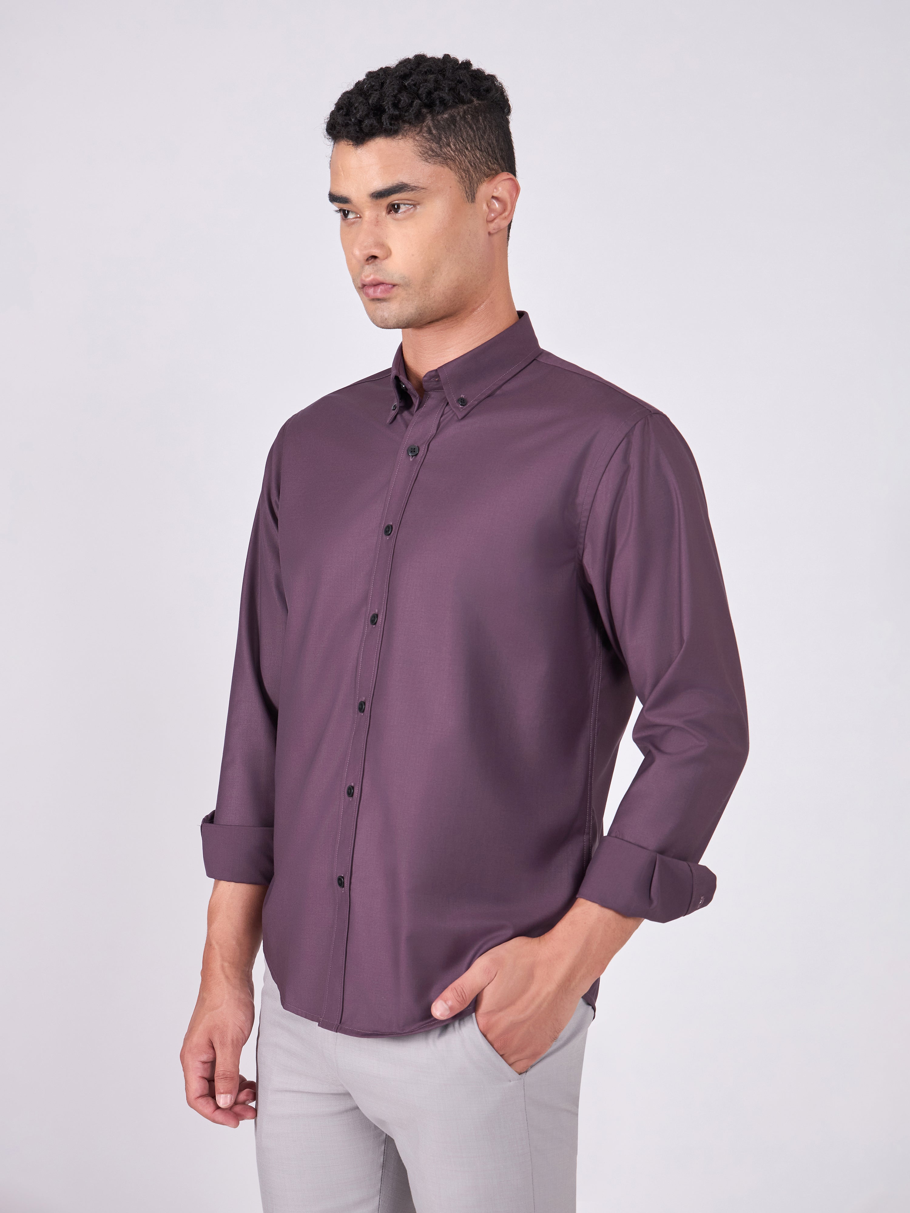 Man wearing Tencel Plain Shirt in Burgundy