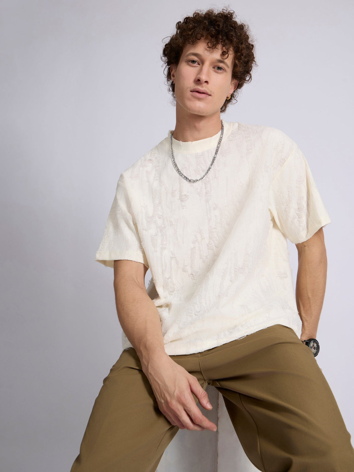 Wexley - Distressed T Shirt - Cream - Espanshe
