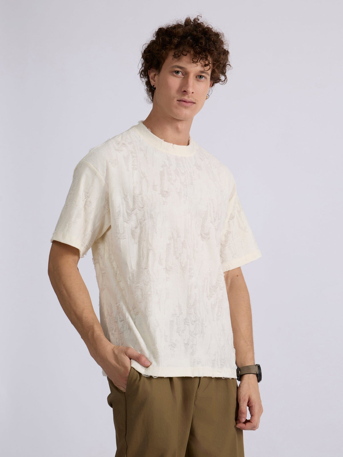 Wexley - Distressed T Shirt - Cream - Espanshe