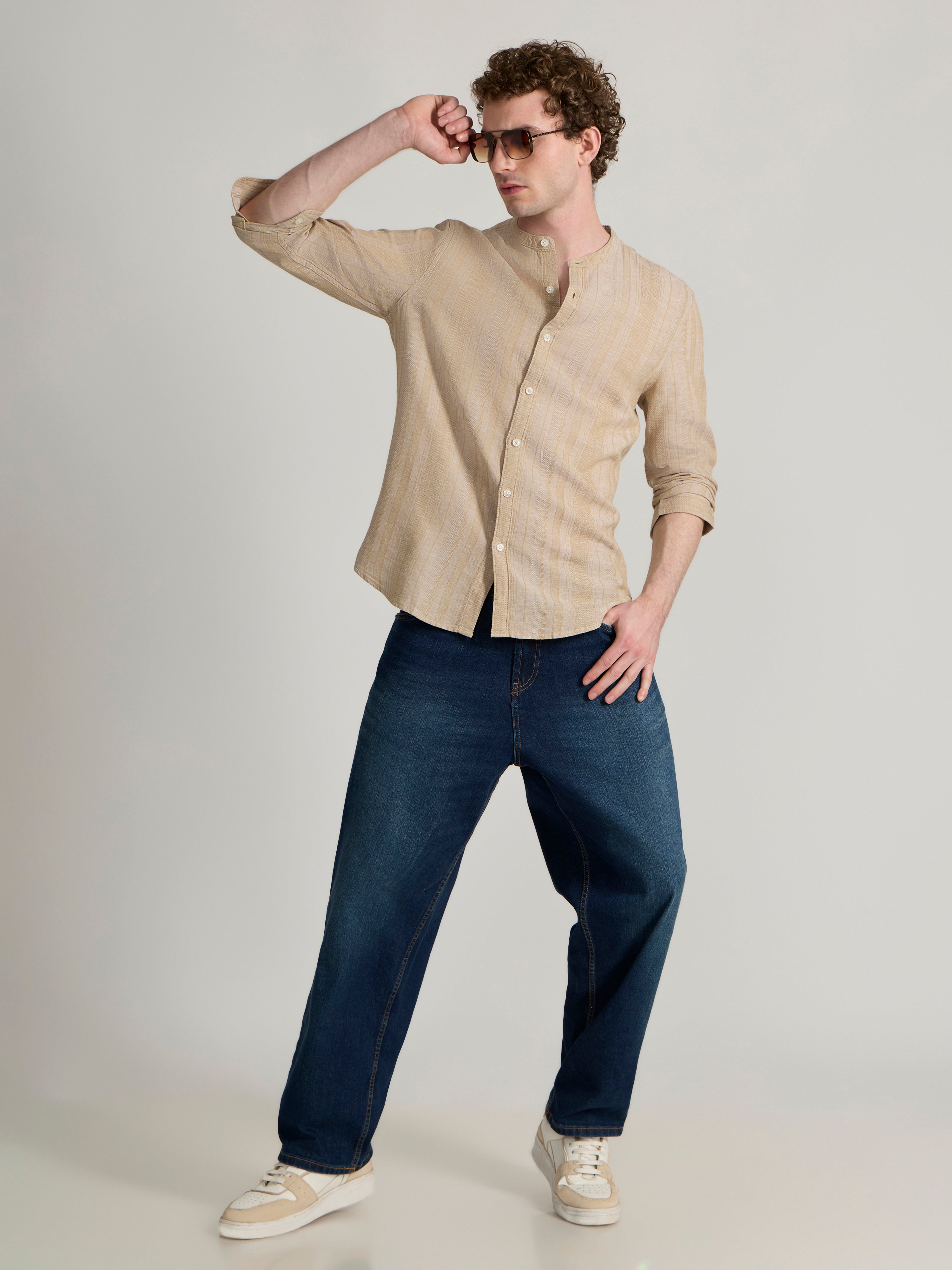 Men's Band Collar Striped Shirt in light beige