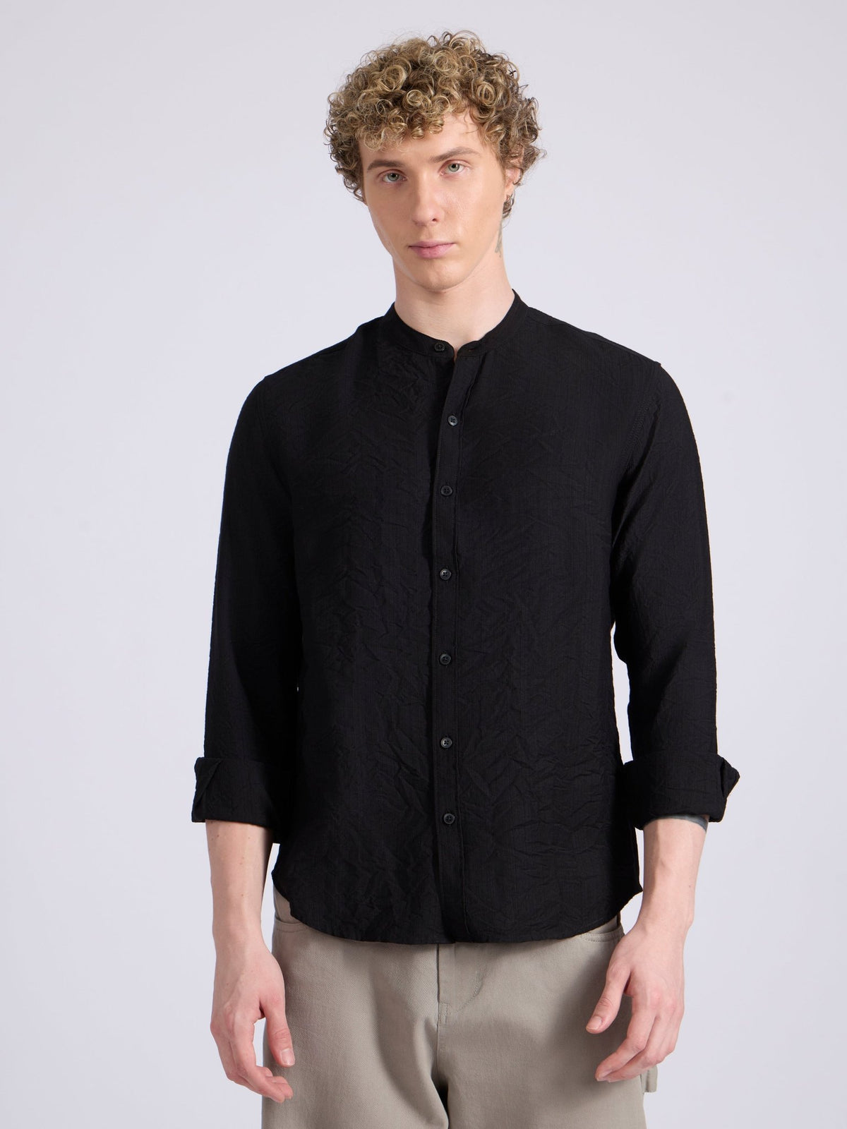 Pryor - Band Collar Plain Shirt - Black - Espanshe