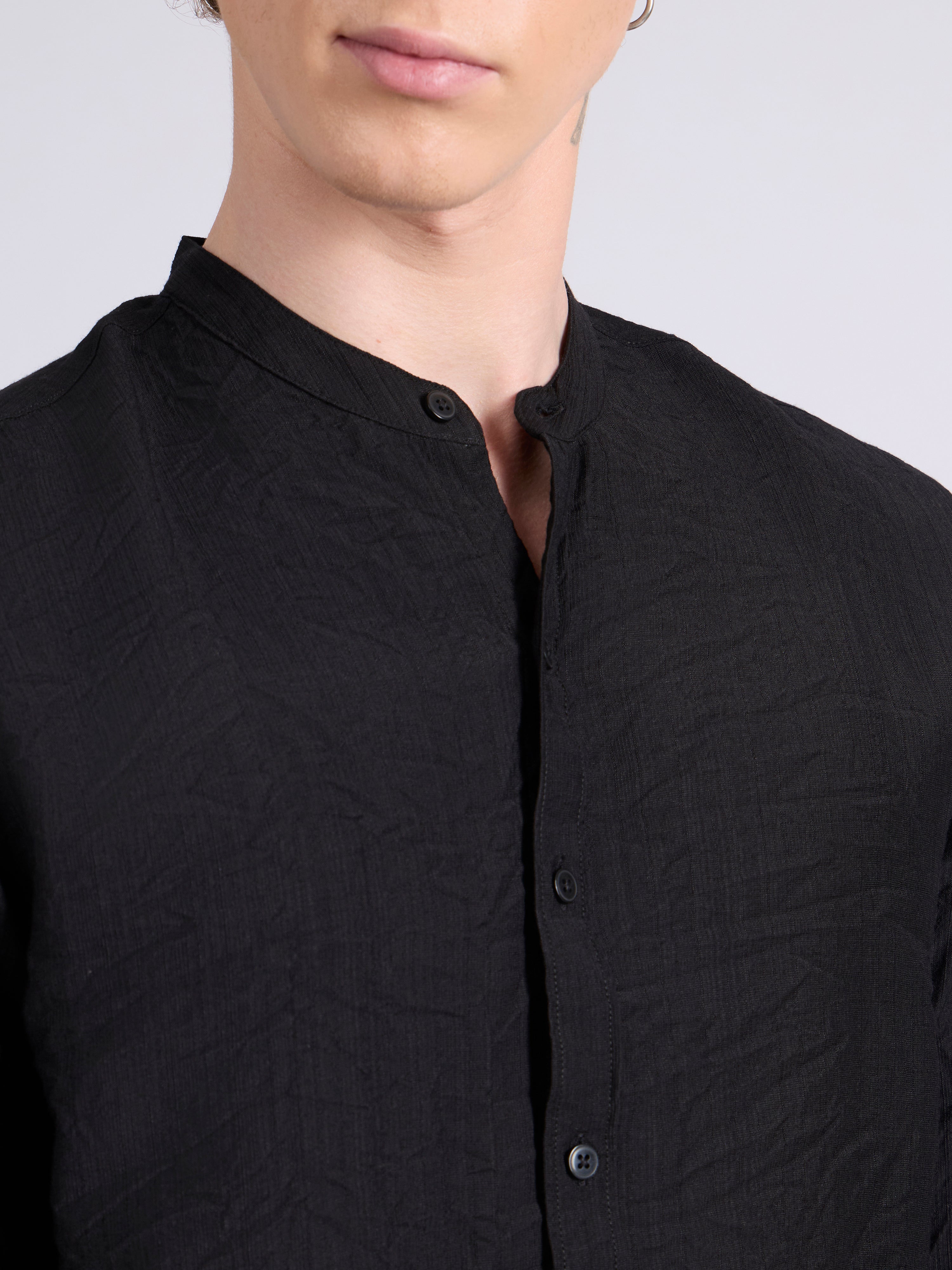 Pryor - Band Collar Plain Shirt - Black