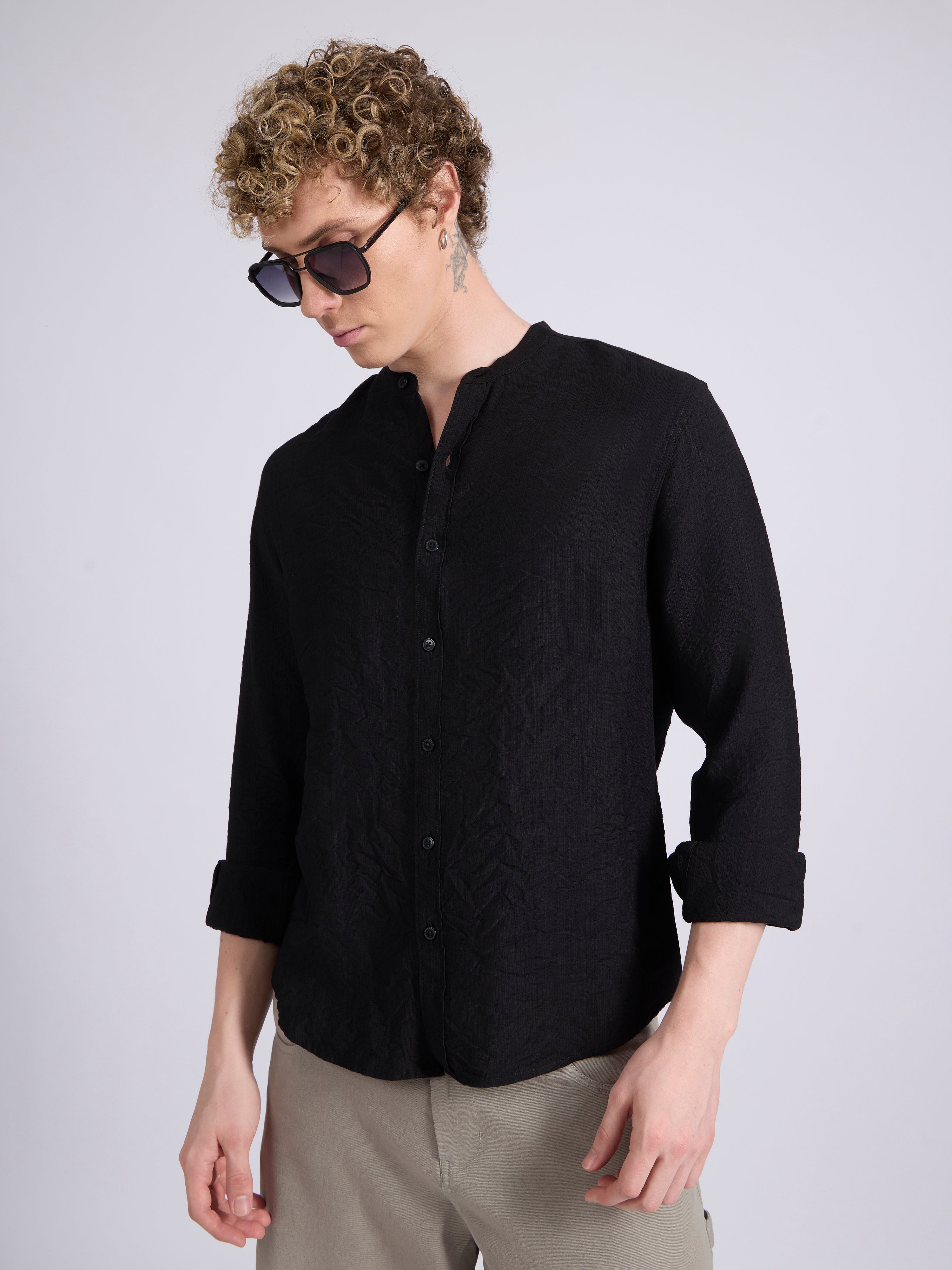 Pryor - Band Collar Plain Shirt - Black