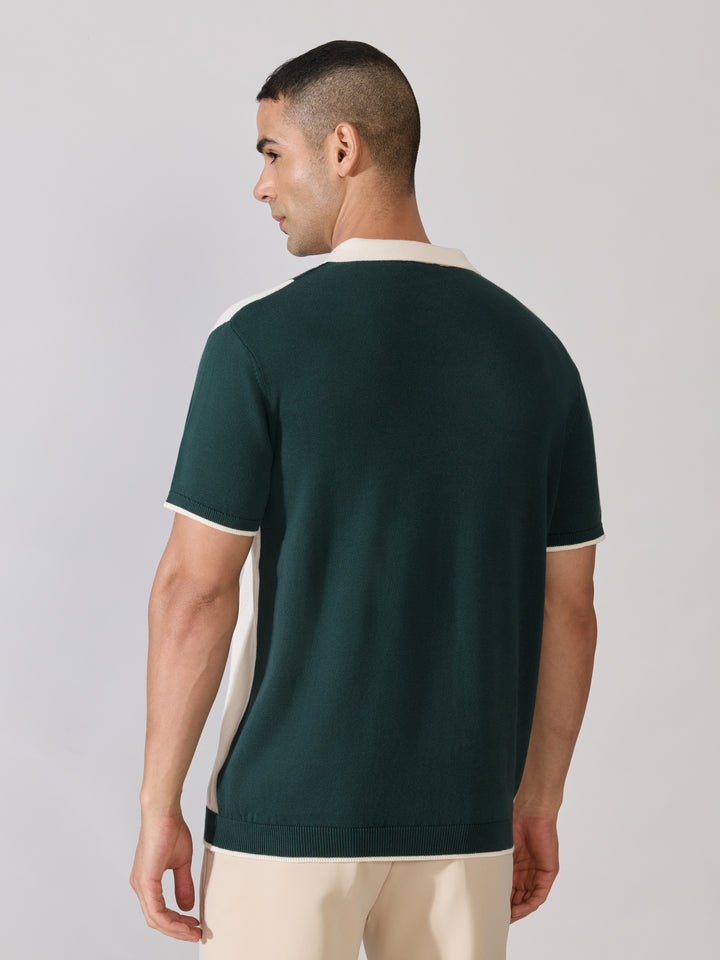 Men's Regular Fit Textured Knit Polo T-Shirt - Green & Cream