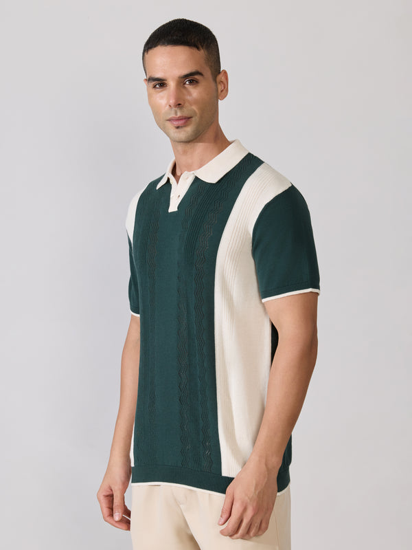 Men's Regular Fit Textured Knit Polo T-Shirt - Green & Cream