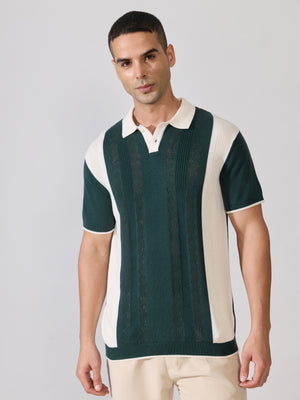 Men's Regular Fit Textured Knit Polo T-Shirt - Green & Cream