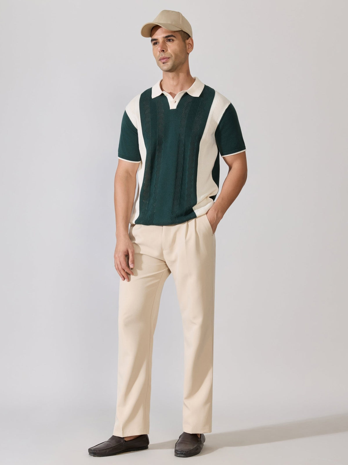 Kikeos-1 - Regular Fit Textured Knit Polo T-Shirt - Green & Cream - Espanshe