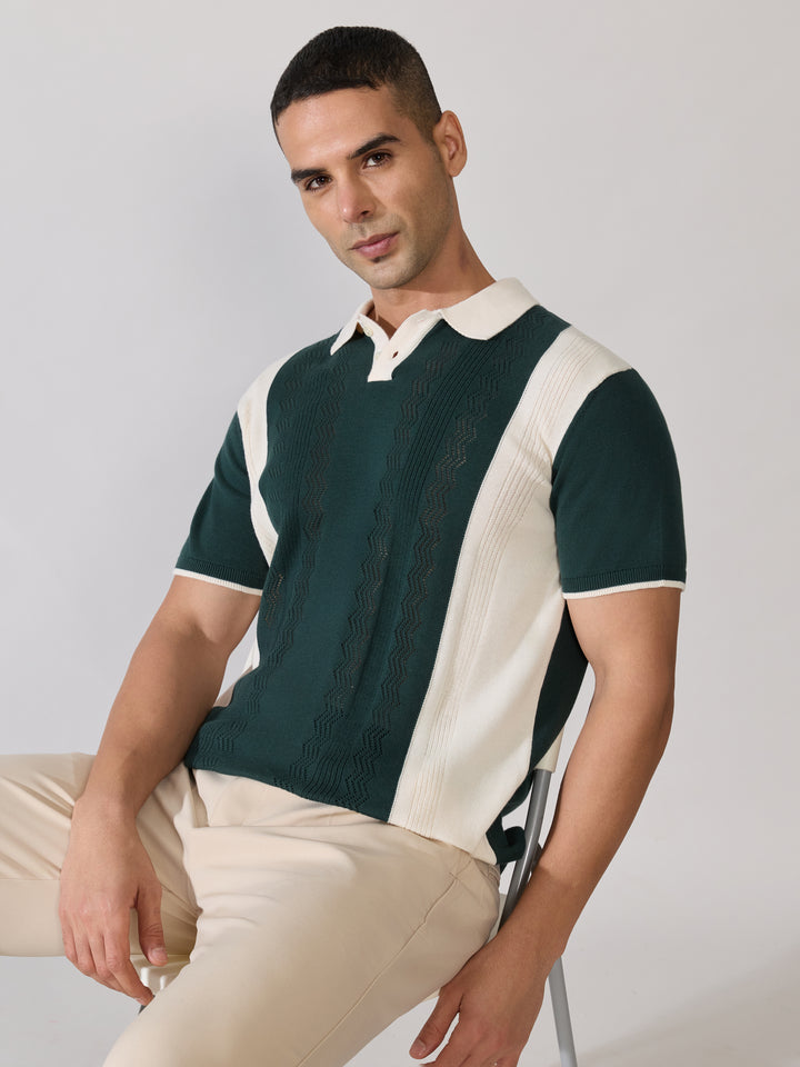 Men's Regular Fit Textured Knit Polo T-Shirt - Green & Cream