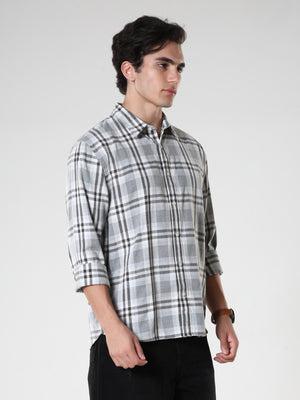 Men's casual cement color checkered cotton shirt with full sleeves, relaxed fit – paired with denim jeans