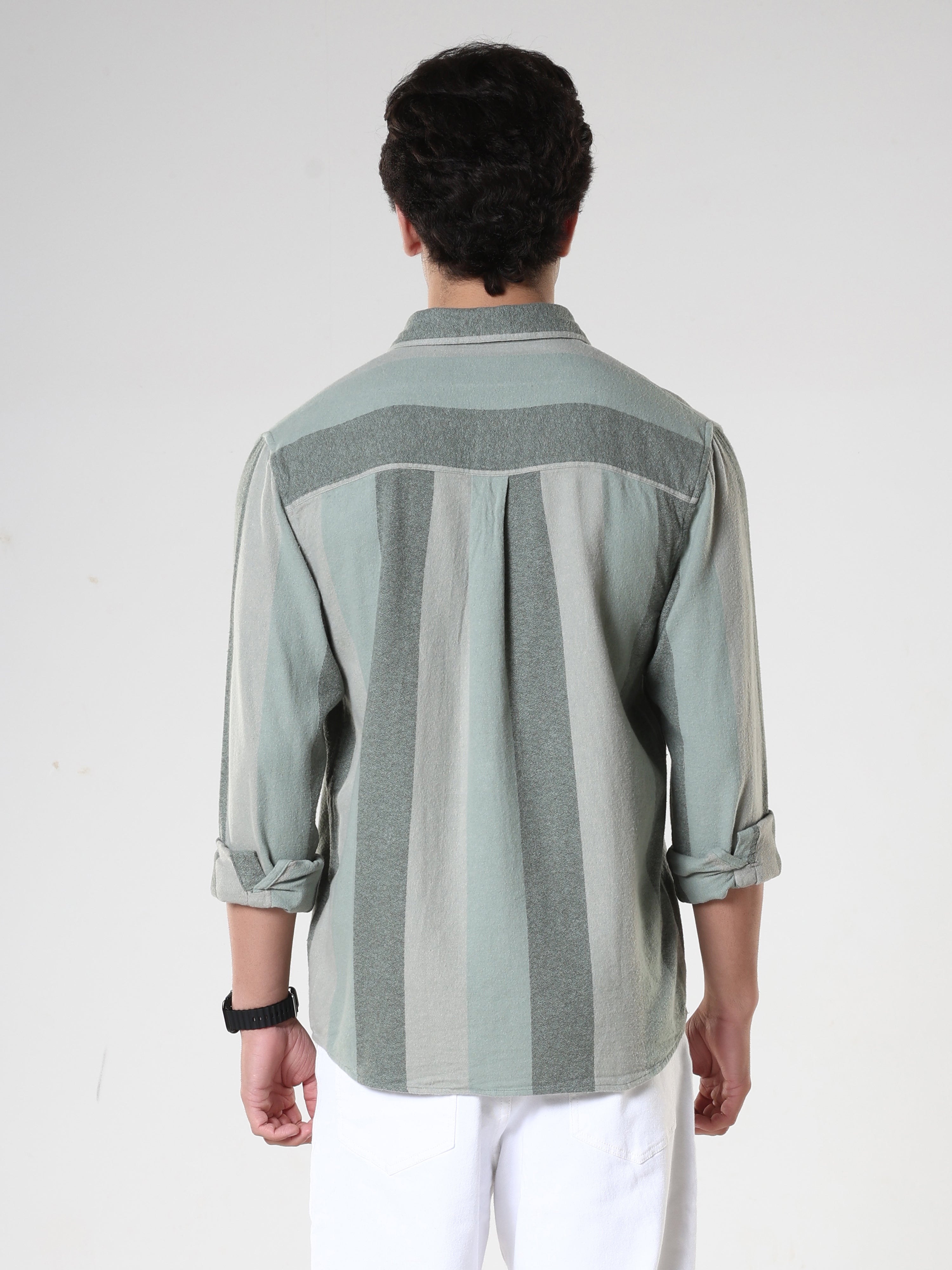 men's  green stripped  shirt made from pure cotton.
