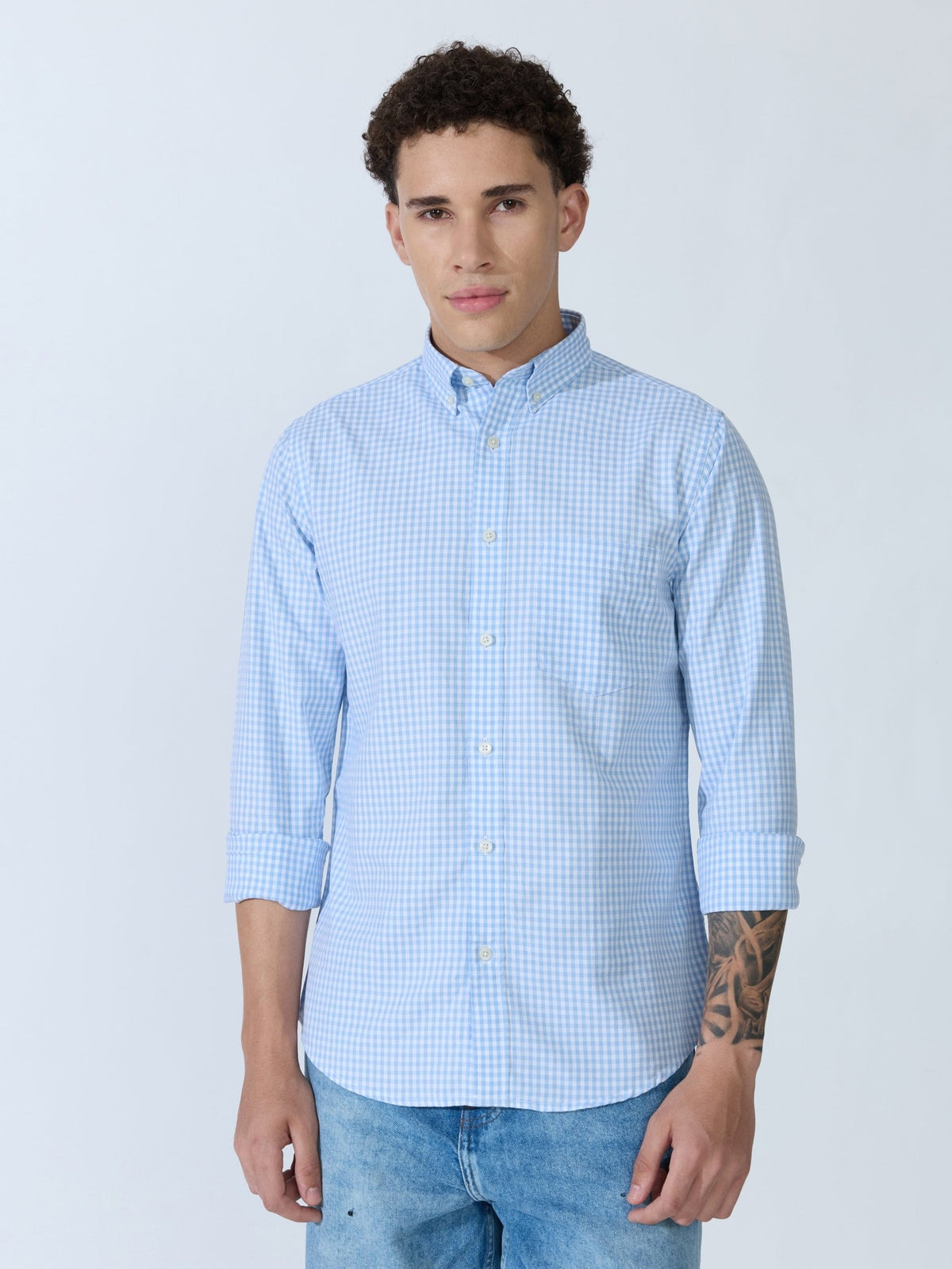 Sara - 100% Cotton Gingham Shirt - Light Blue - Espanshe