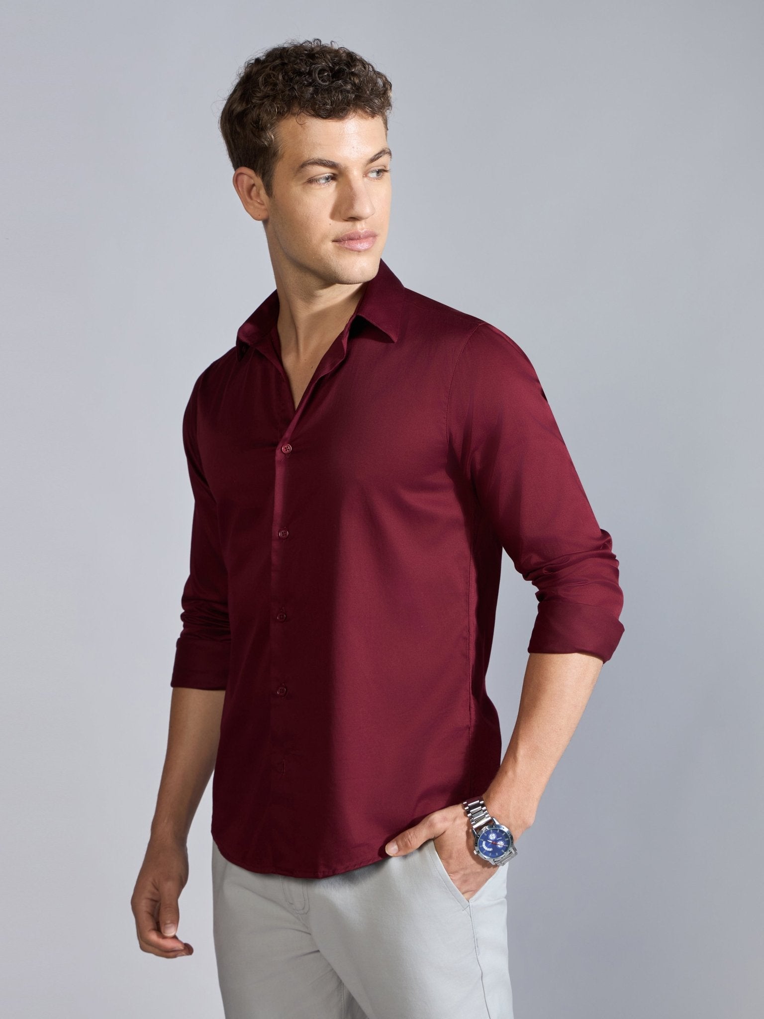 Yoyona - Turkish Fit Satin Shirt - Burgundy - Espanshe