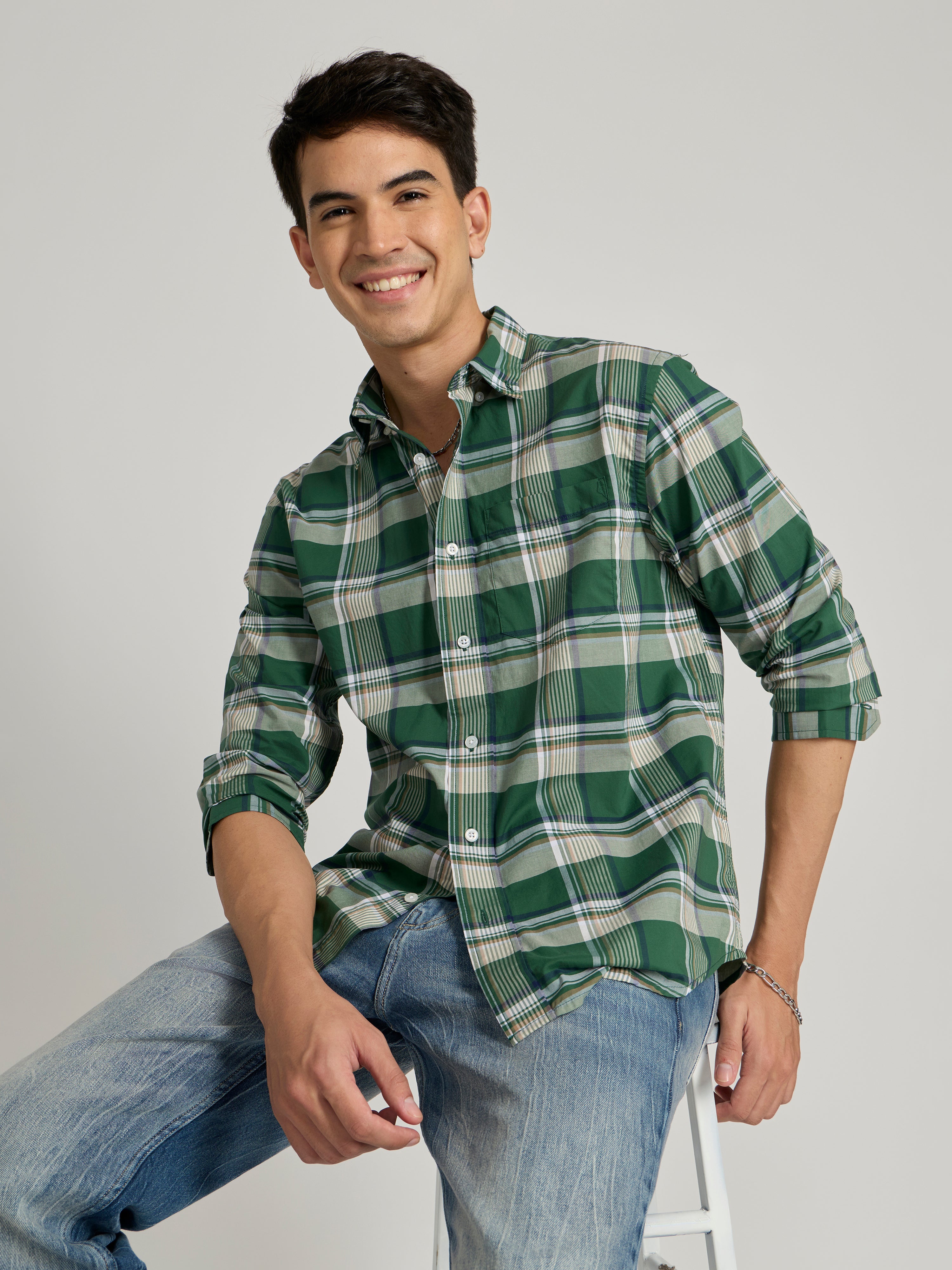 Men's Relaxed Fit Checks Shirt - Dark green
