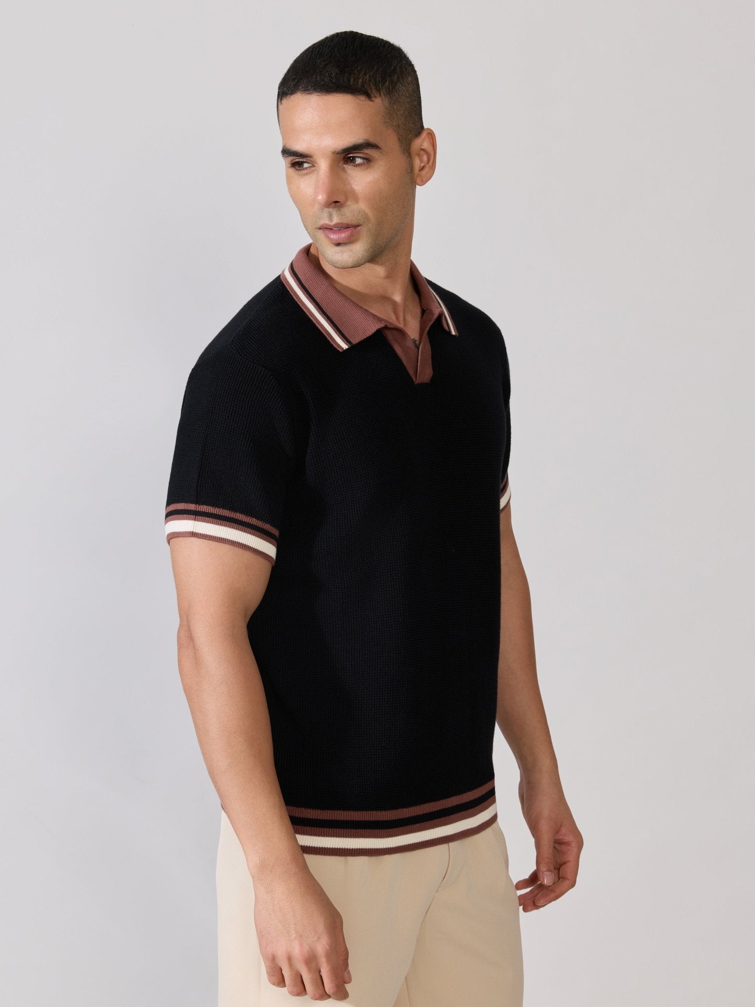Kikeos-4 - Regular Fit Contrast Collar Knit Polo T-Shirt - Black - Espanshe