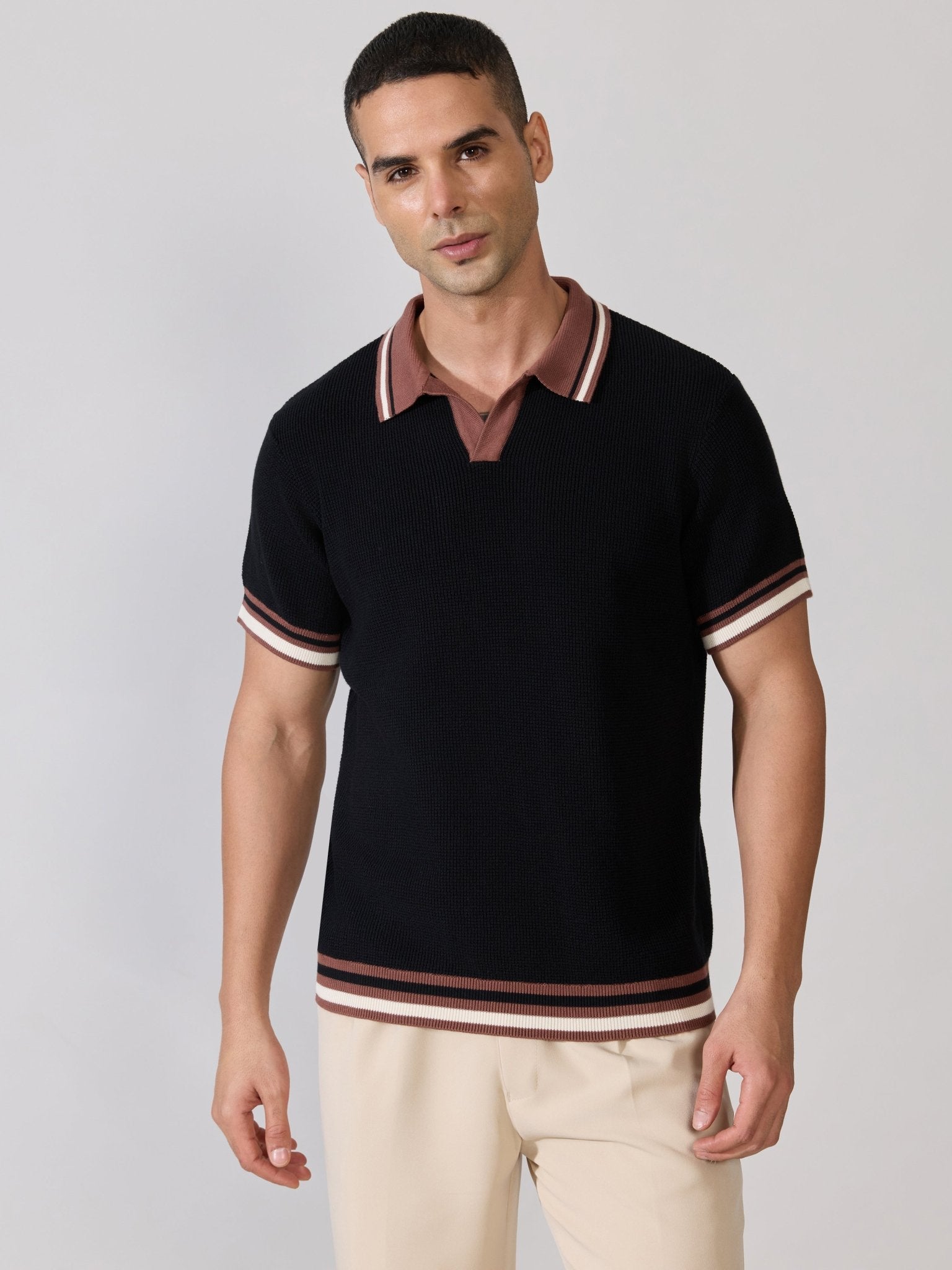 Kikeos-4 - Regular Fit Contrast Collar Knit Polo T-Shirt - Black - Espanshe