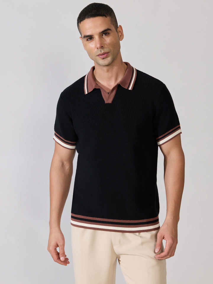 Regular Fit Contrast Collar Knit Polo T-Shirt - Black