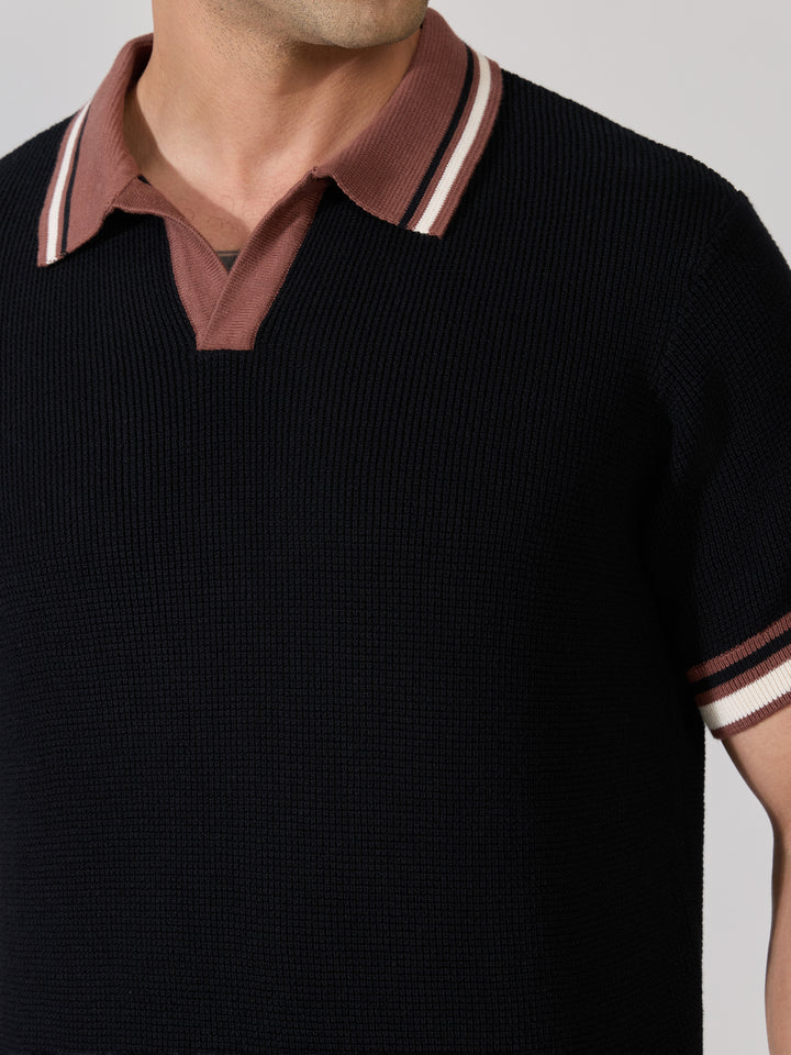 Regular Fit Contrast Collar Knit Polo T-Shirt - Black