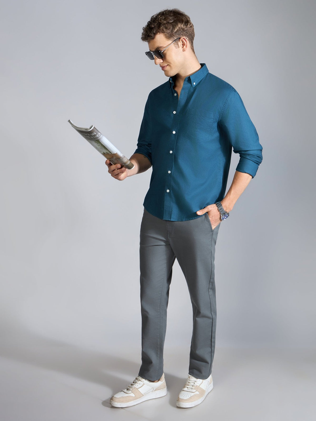Orbit - Relaxed Fit Oxford Shirt With Elbow Patch - Peacock Blue - Espanshe