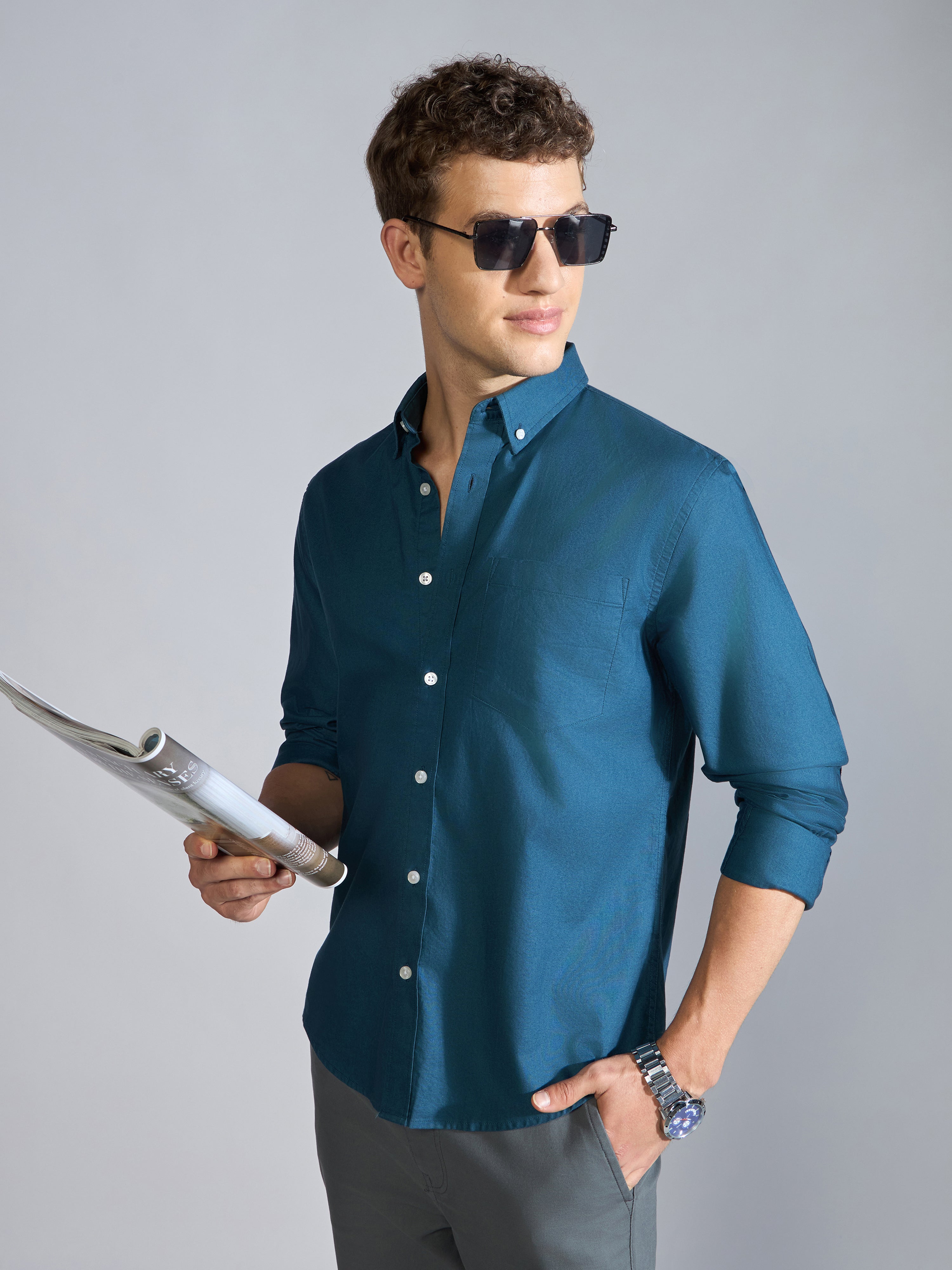 Orbit -  Relaxed Fit Oxford Shirt With Elbow Patch - Peacock Blue