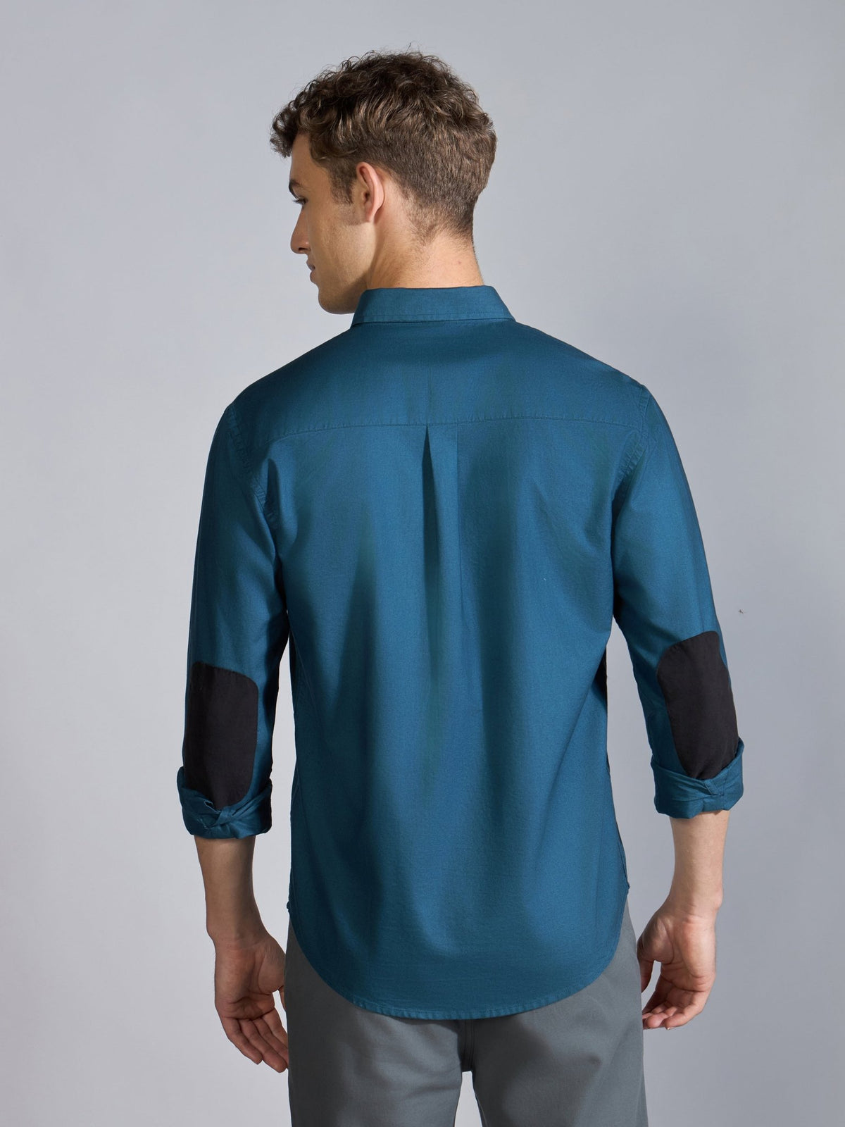 Orbit - Relaxed Fit Oxford Shirt With Elbow Patch - Peacock Blue - Espanshe