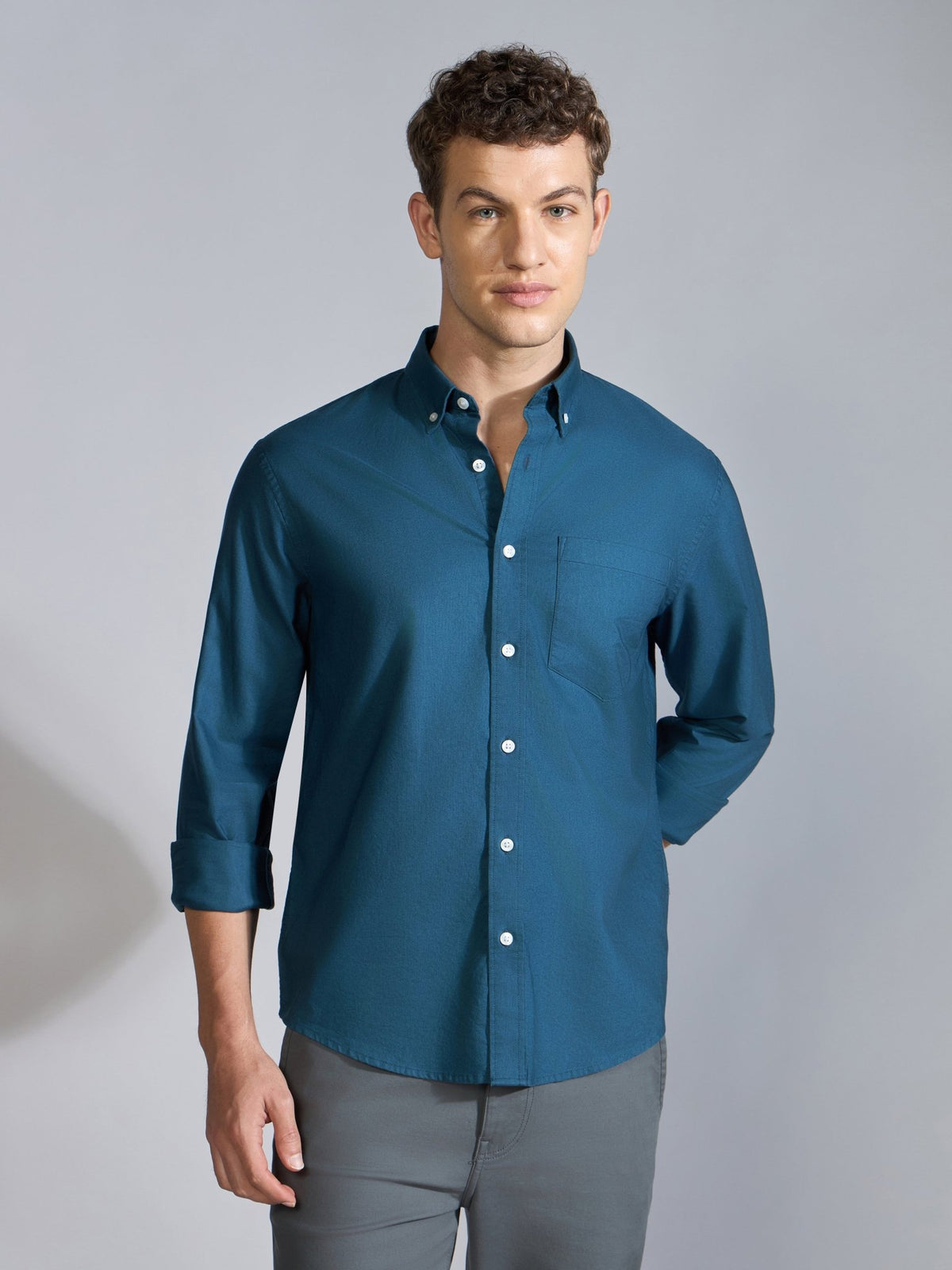 Orbit - Relaxed Fit Oxford Shirt With Elbow Patch - Peacock Blue - Espanshe