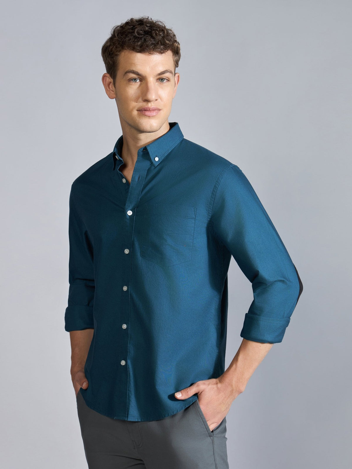 Orbit - Relaxed Fit Oxford Shirt With Elbow Patch - Peacock Blue - Espanshe