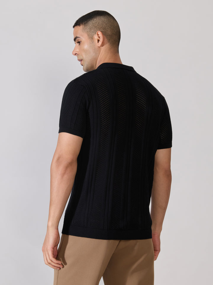 Men's Regular Fit Textured Open Knit Polo T-Shirt in Black