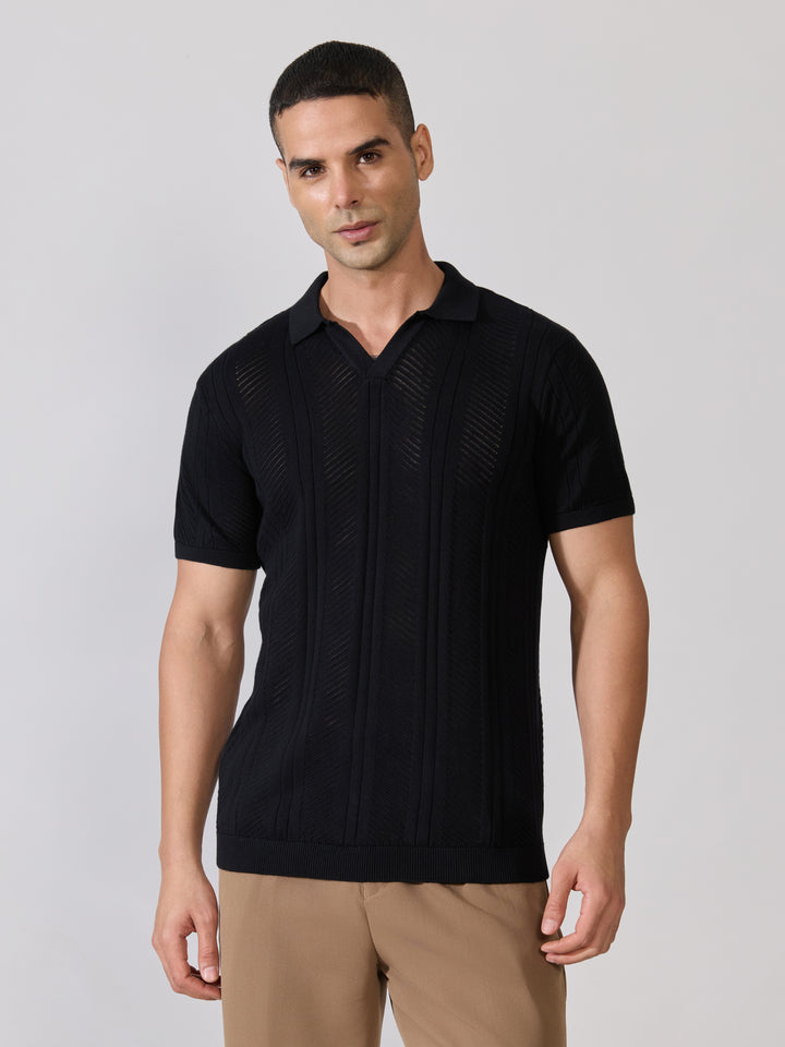 Men's Regular Fit Textured Open Knit Polo T-Shirt in Black
