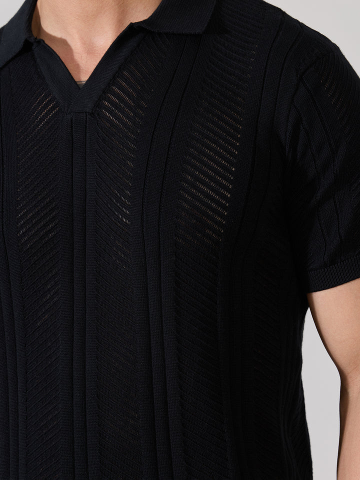 Men's Regular Fit Textured Open Knit Polo T-Shirt in Black