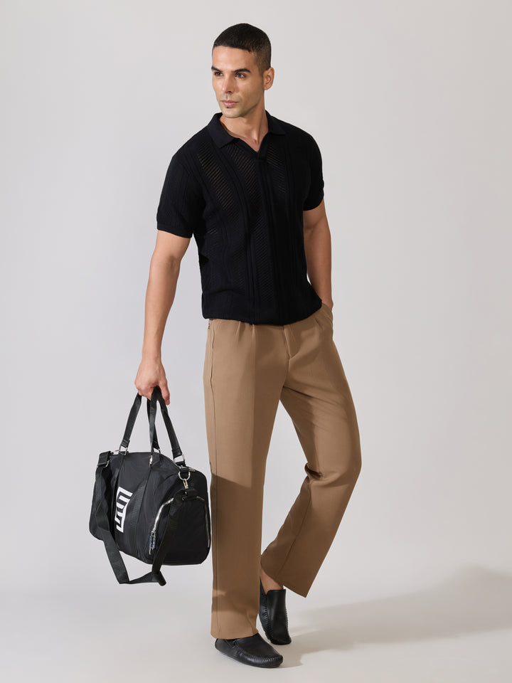 Men's Regular Fit Textured Open Knit Polo T-Shirt in Black