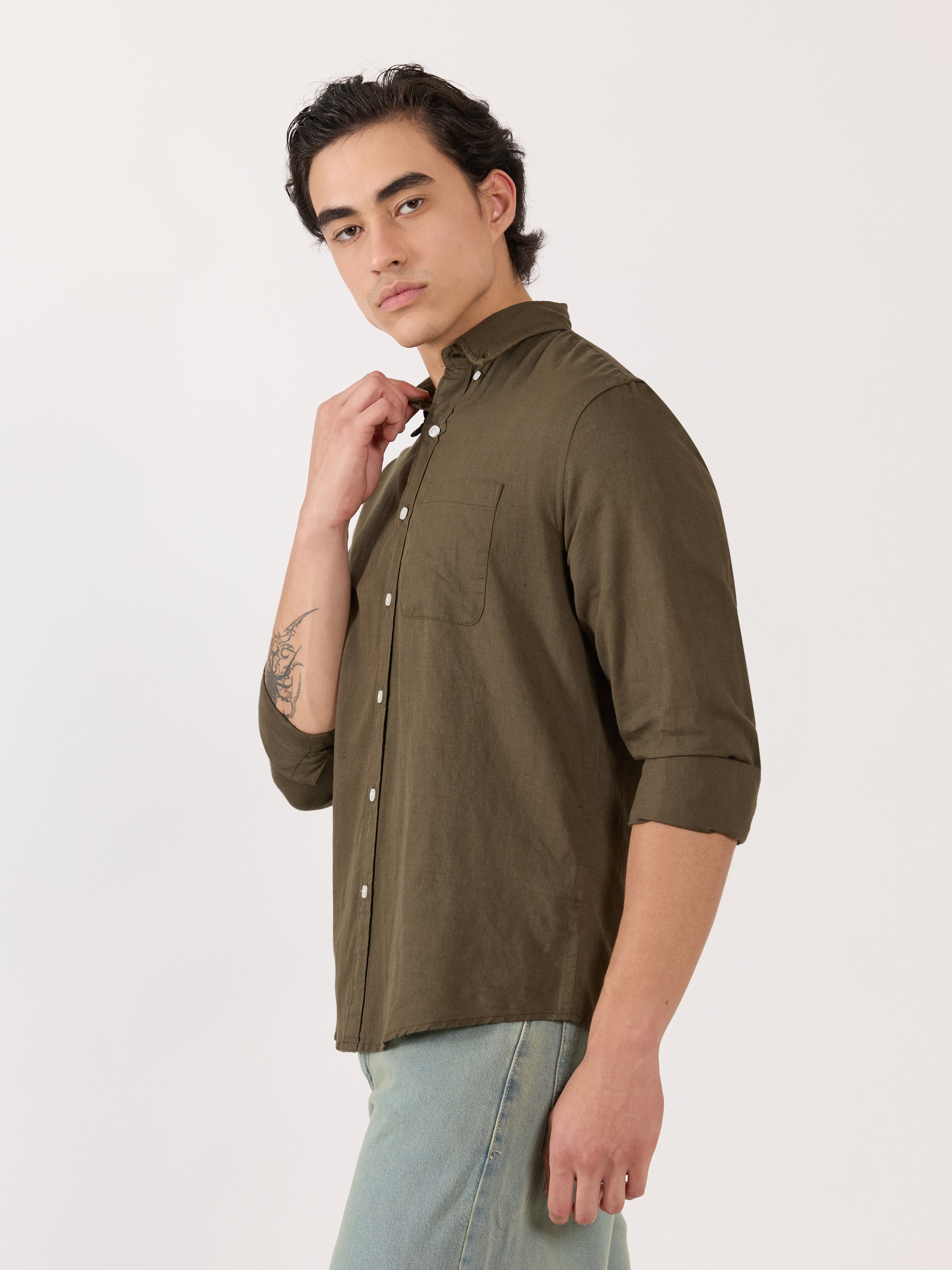 Men's Relaxed Linen Shirt - olive green