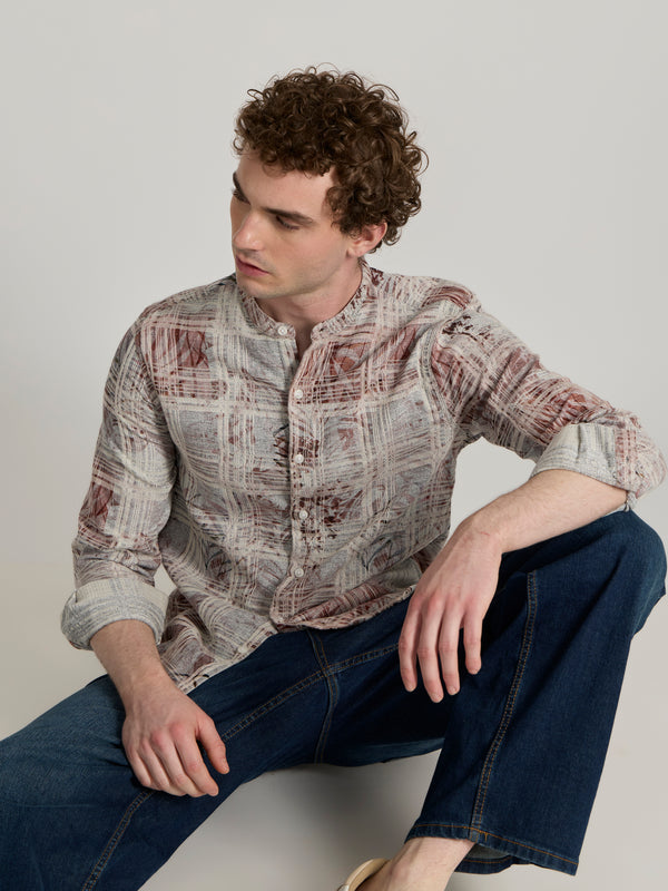 Nevan - Band Collar Checkered Print Shirt - Light Maroon