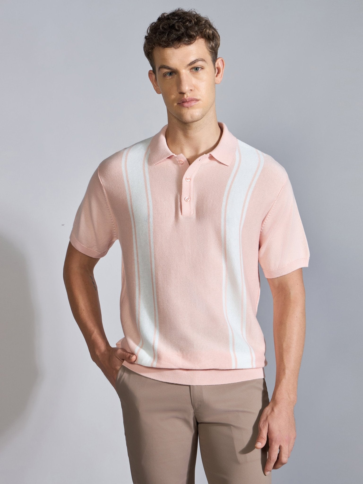 Kikeos-5 - Regular Fit Vertical Stripe Knit Polo T-Shirt - Pink - Espanshe