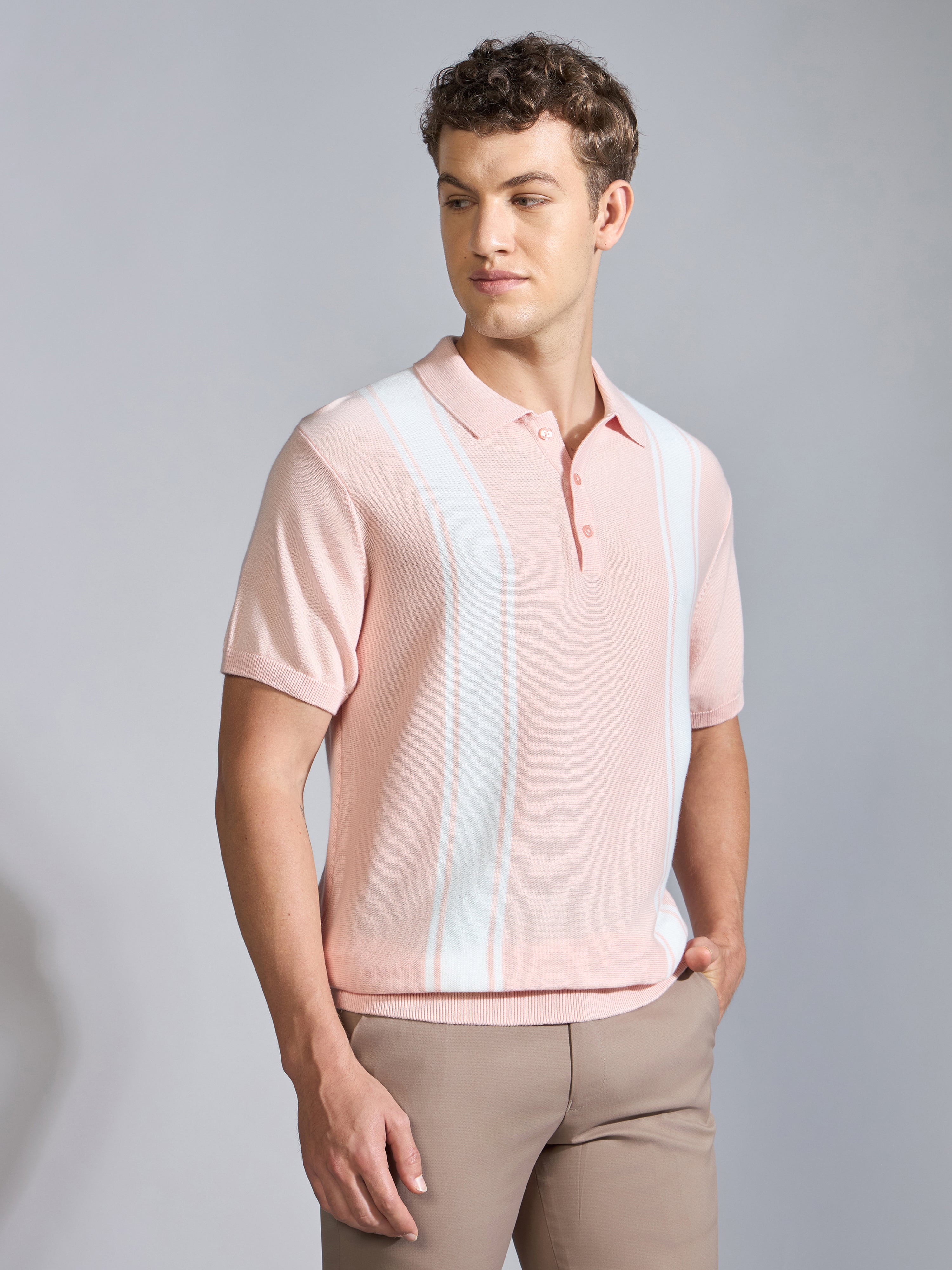 Men's Regular Fit Vertical Stripe Knit Polo T-Shirt in pink