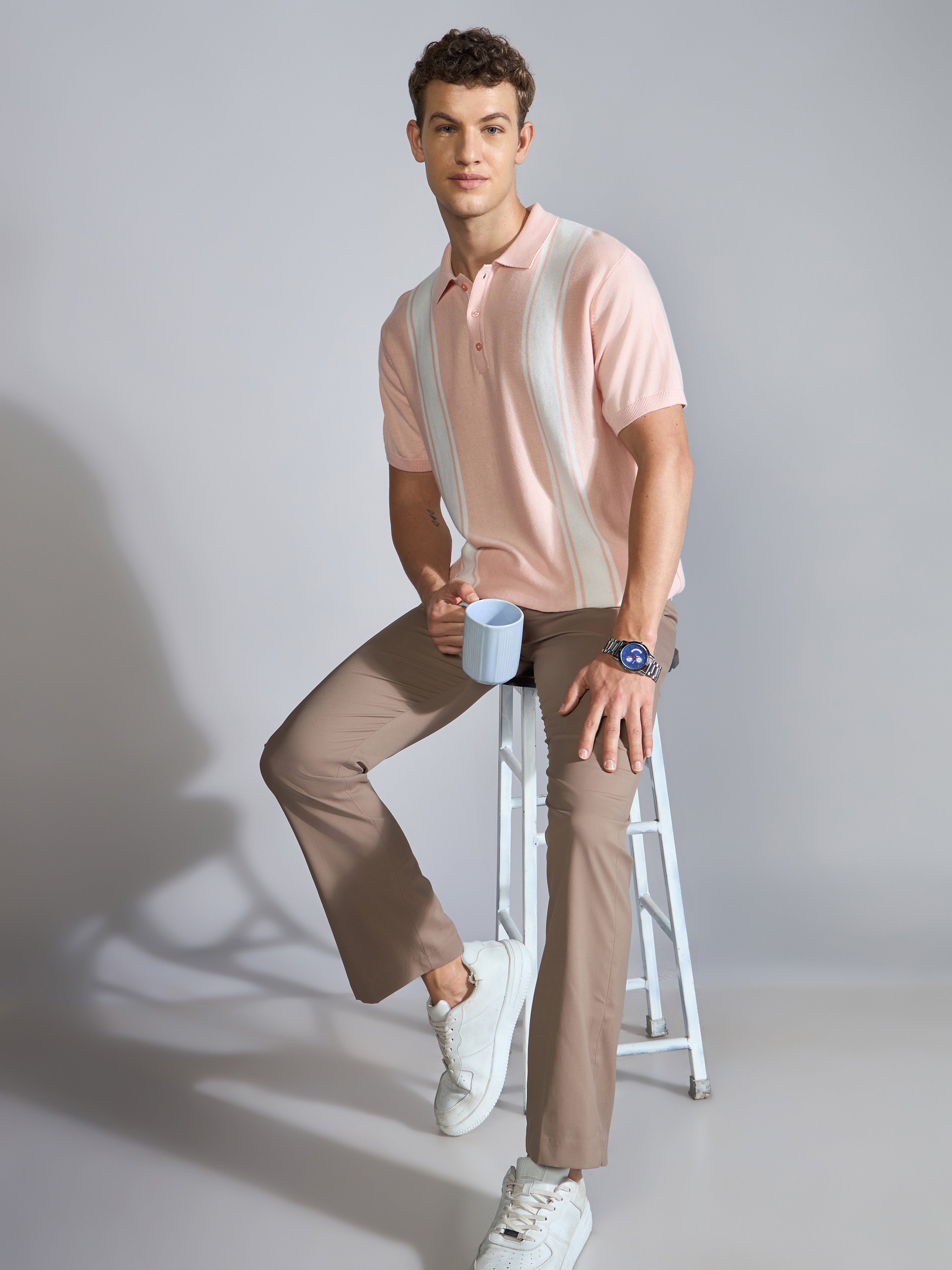 Men's Regular Fit Vertical Stripe Knit Polo T-Shirt in pink