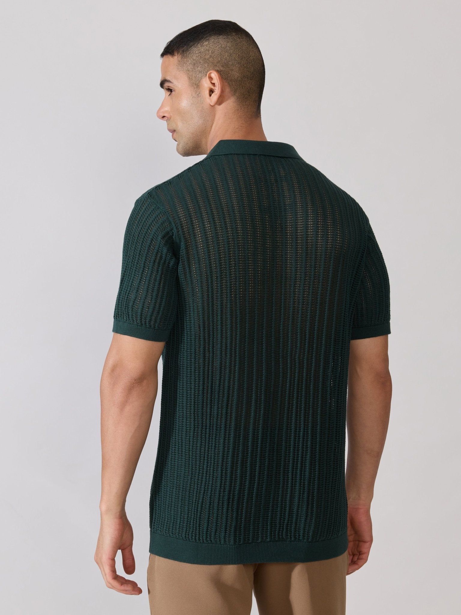 Kikeos-2 - Regular Fit Open Knit Polo T-Shirt - Green - Espanshe