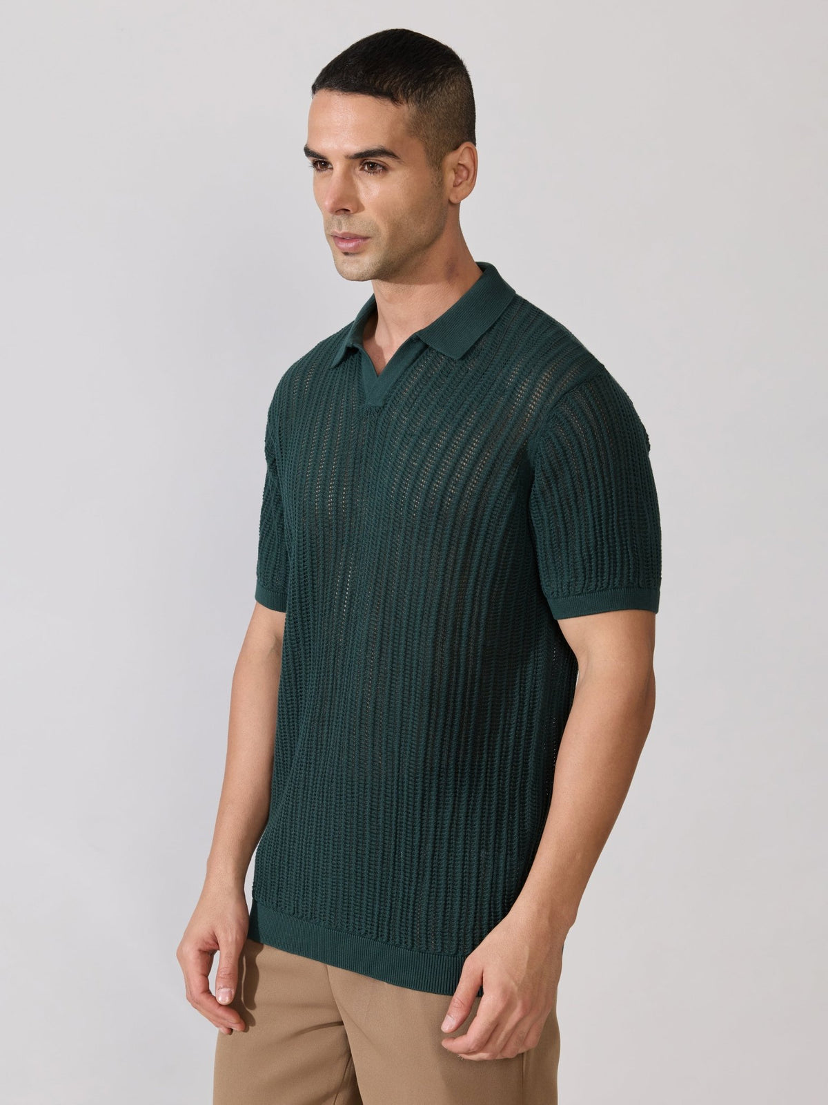 Kikeos-2 - Regular Fit Open Knit Polo T-Shirt - Green - Espanshe