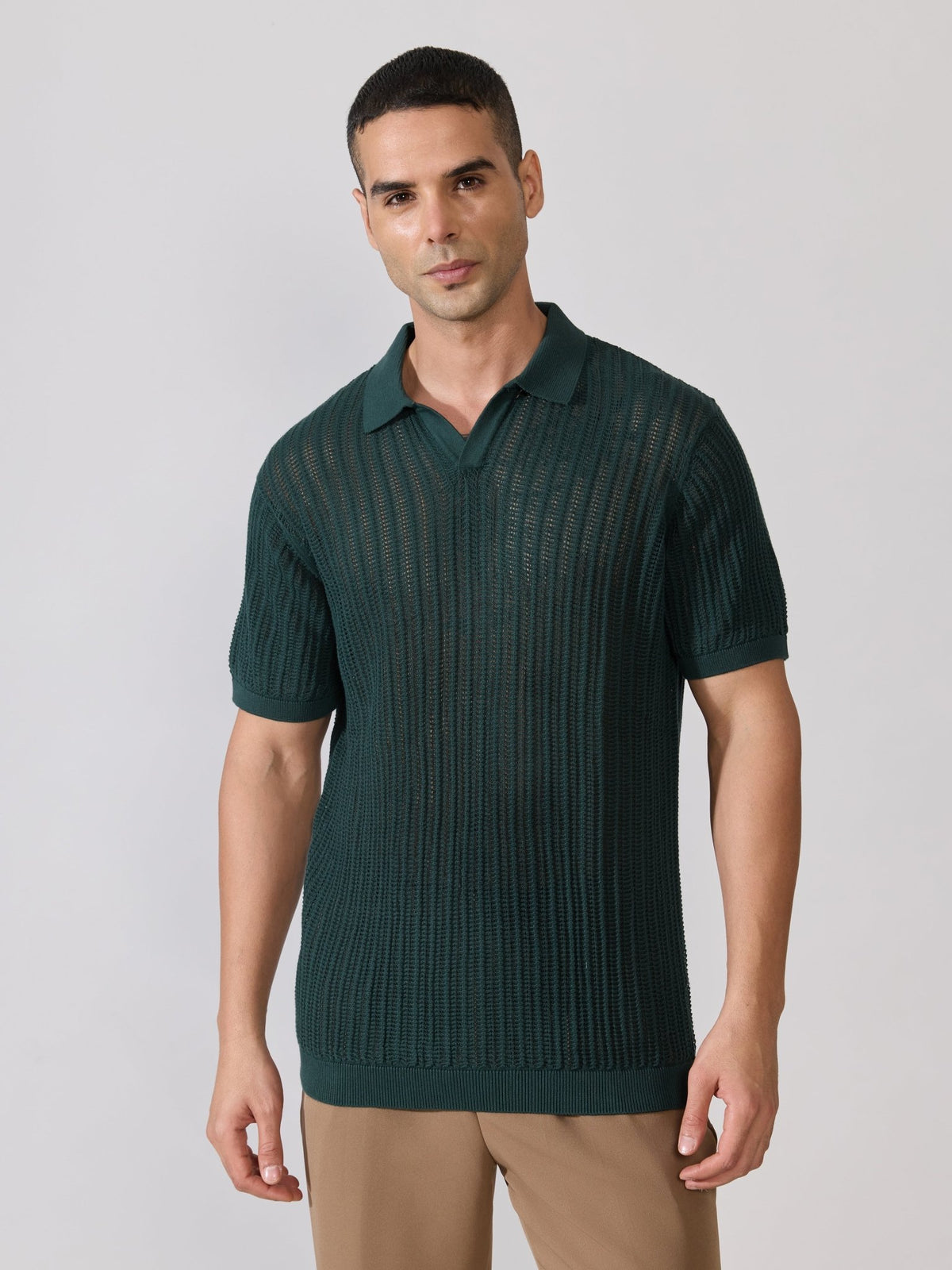 Kikeos-2 - Regular Fit Open Knit Polo T-Shirt - Green - Espanshe