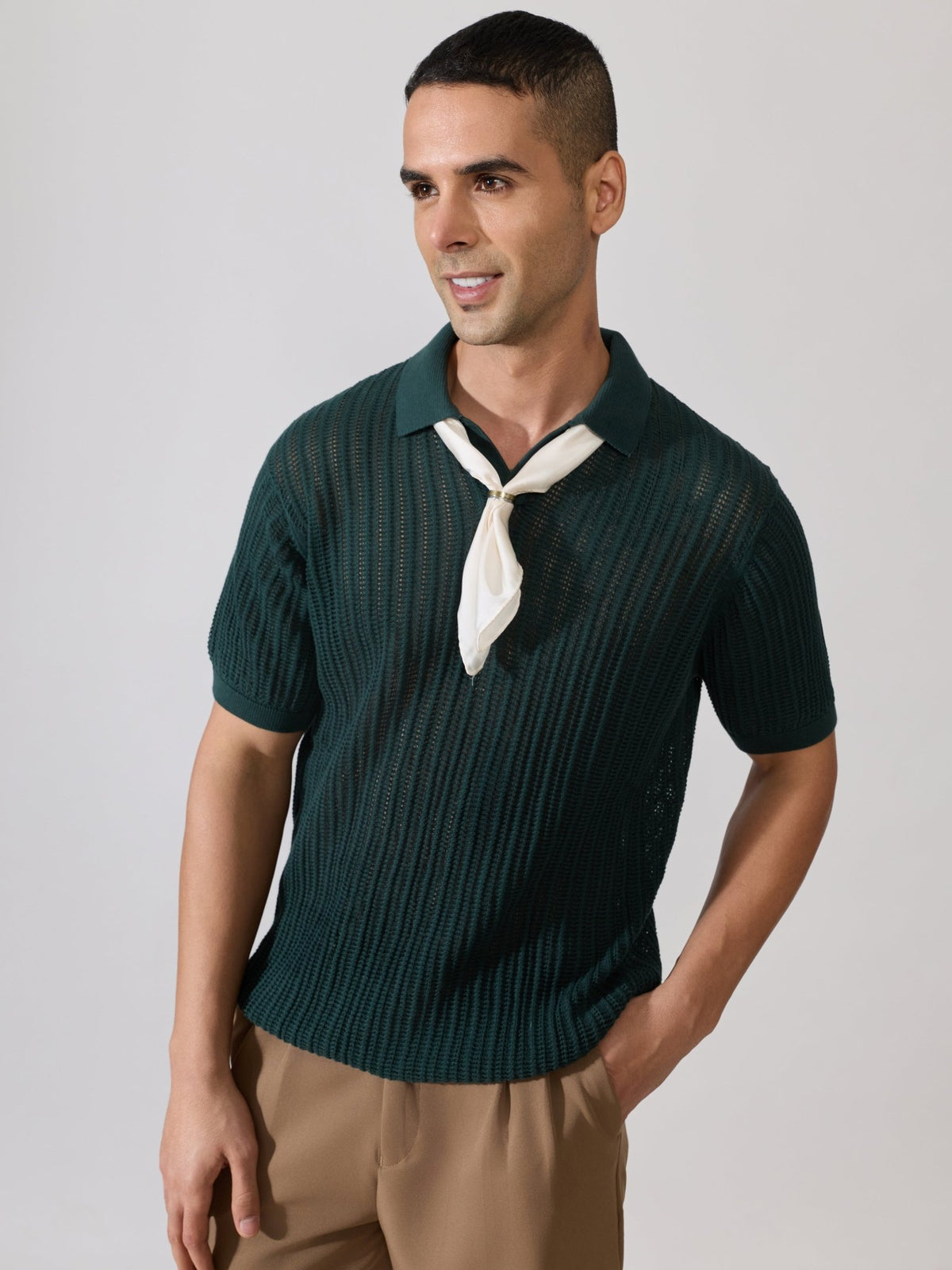 Kikeos-2 - Regular Fit Open Knit Polo T-Shirt - Green - Espanshe