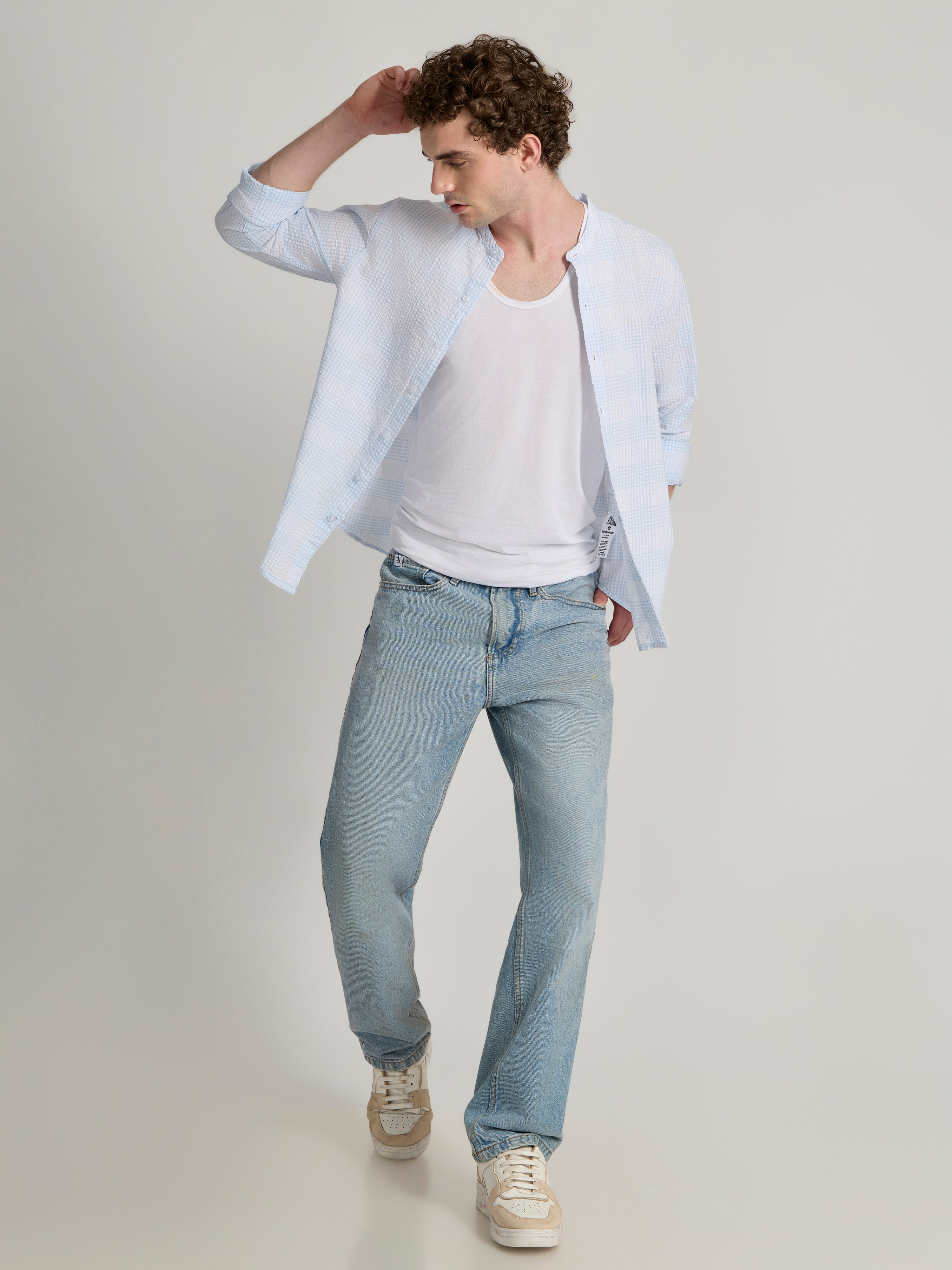 Band Collar Checks Shirt - sky blue