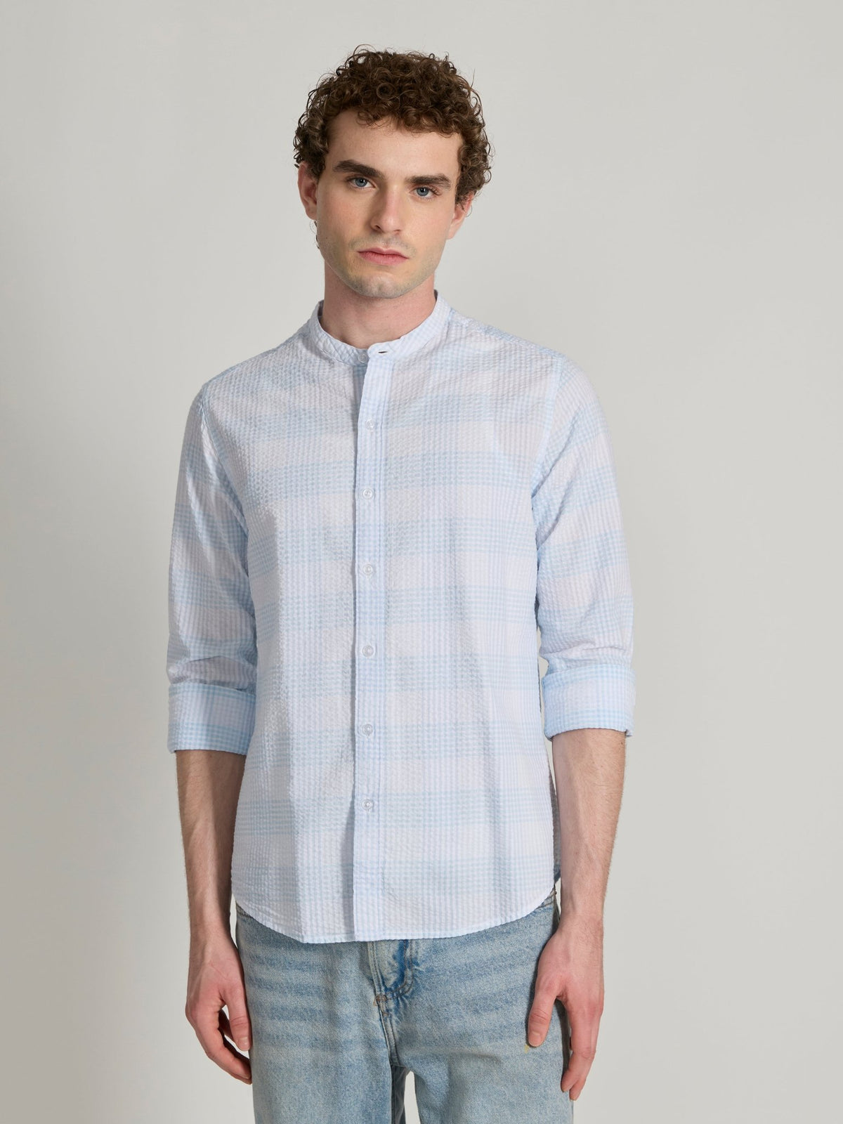 Hadrian - Band Collar Checks Shirt - Sky Blue - Espanshe