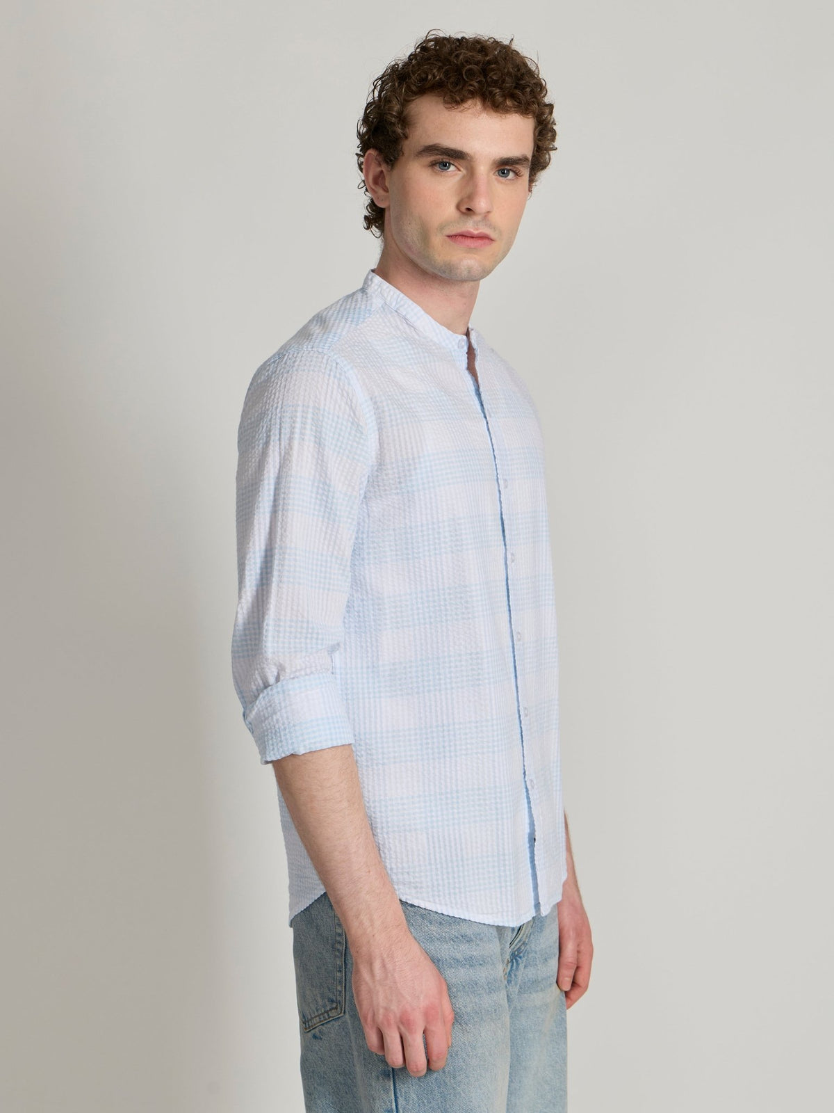 Hadrian - Band Collar Checks Shirt - Sky Blue - Espanshe