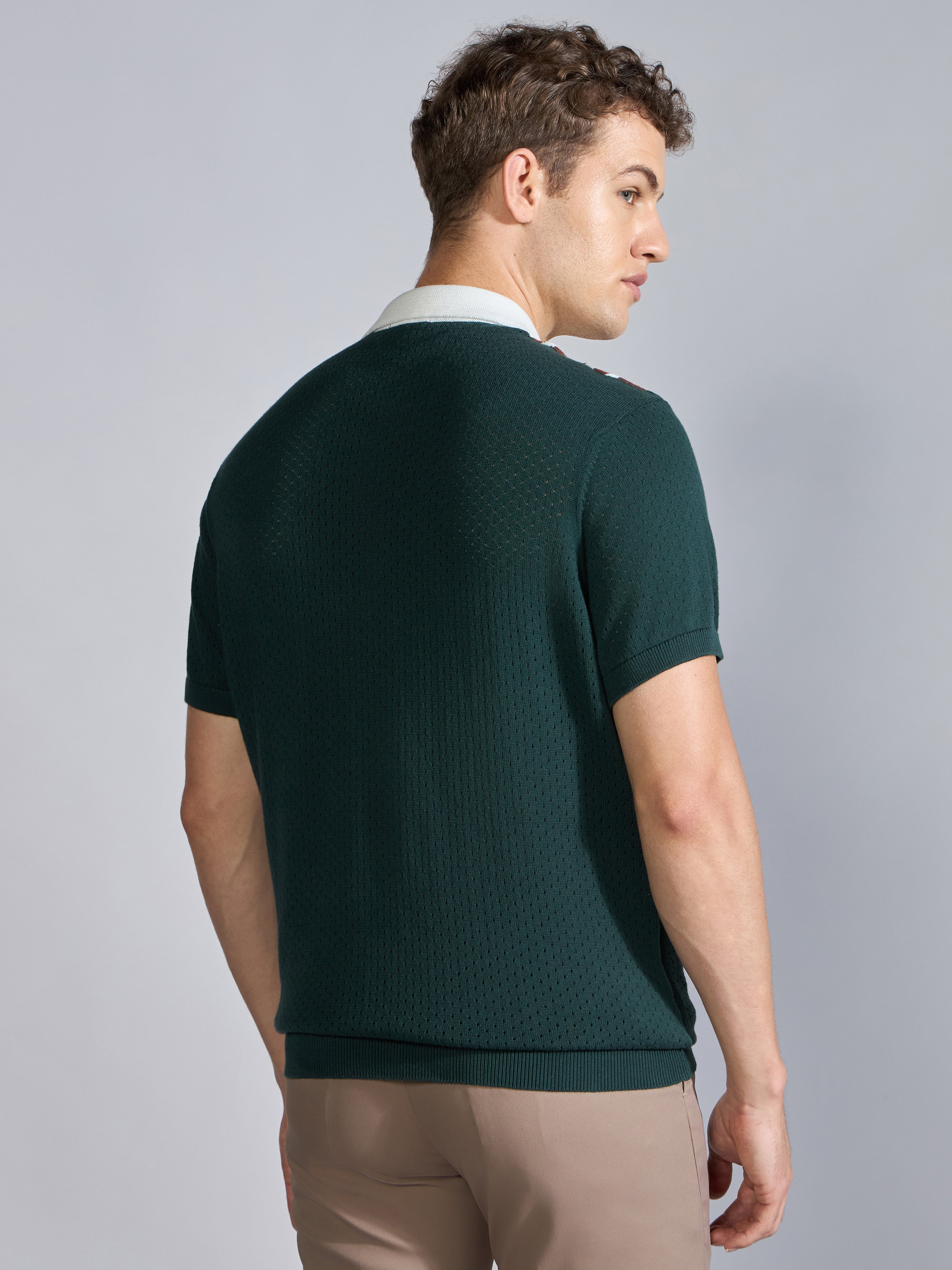Men's  Regular Fit Half Zip Stripe Knit Polo T-Shirt in green