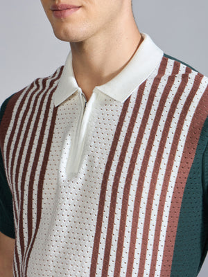 Men's  Regular Fit Half Zip Stripe Knit Polo T-Shirt in green