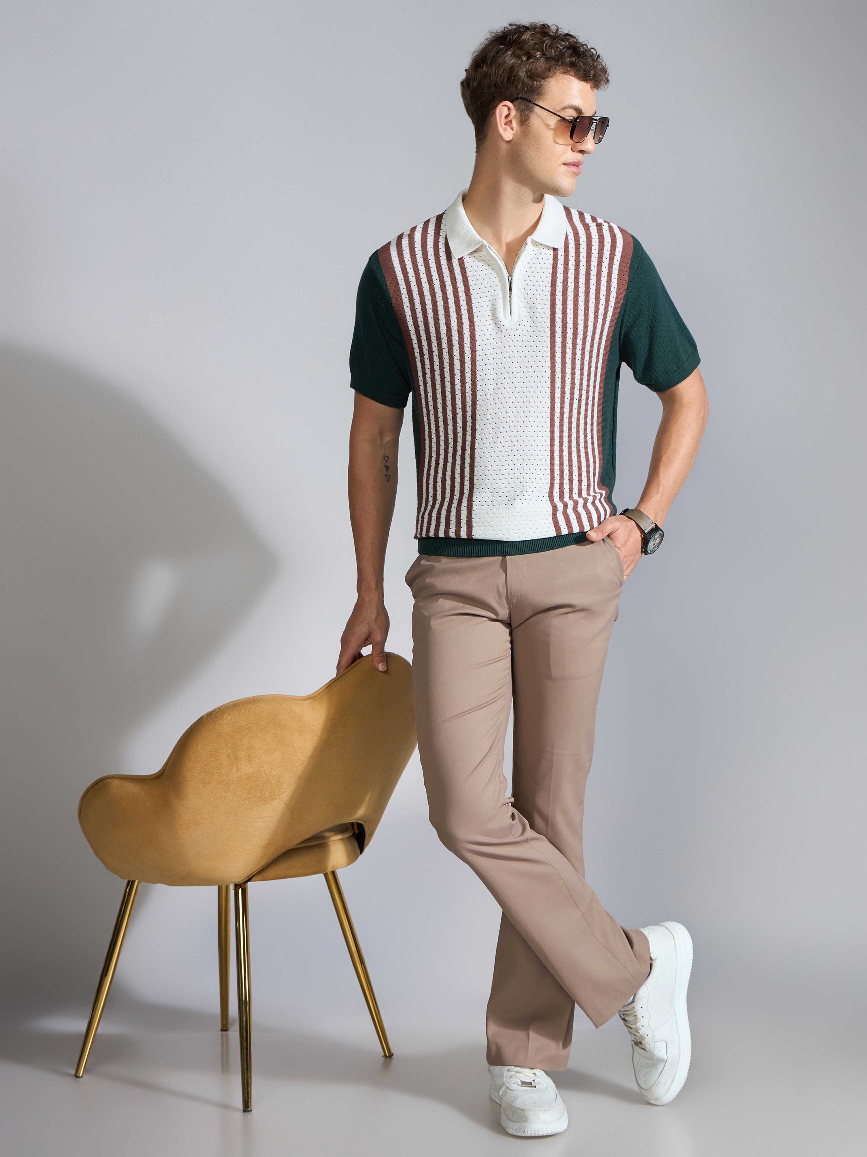 Kikeos-6 - Regular Fit Half Zip Stripe Knit Polo T-Shirt - Green